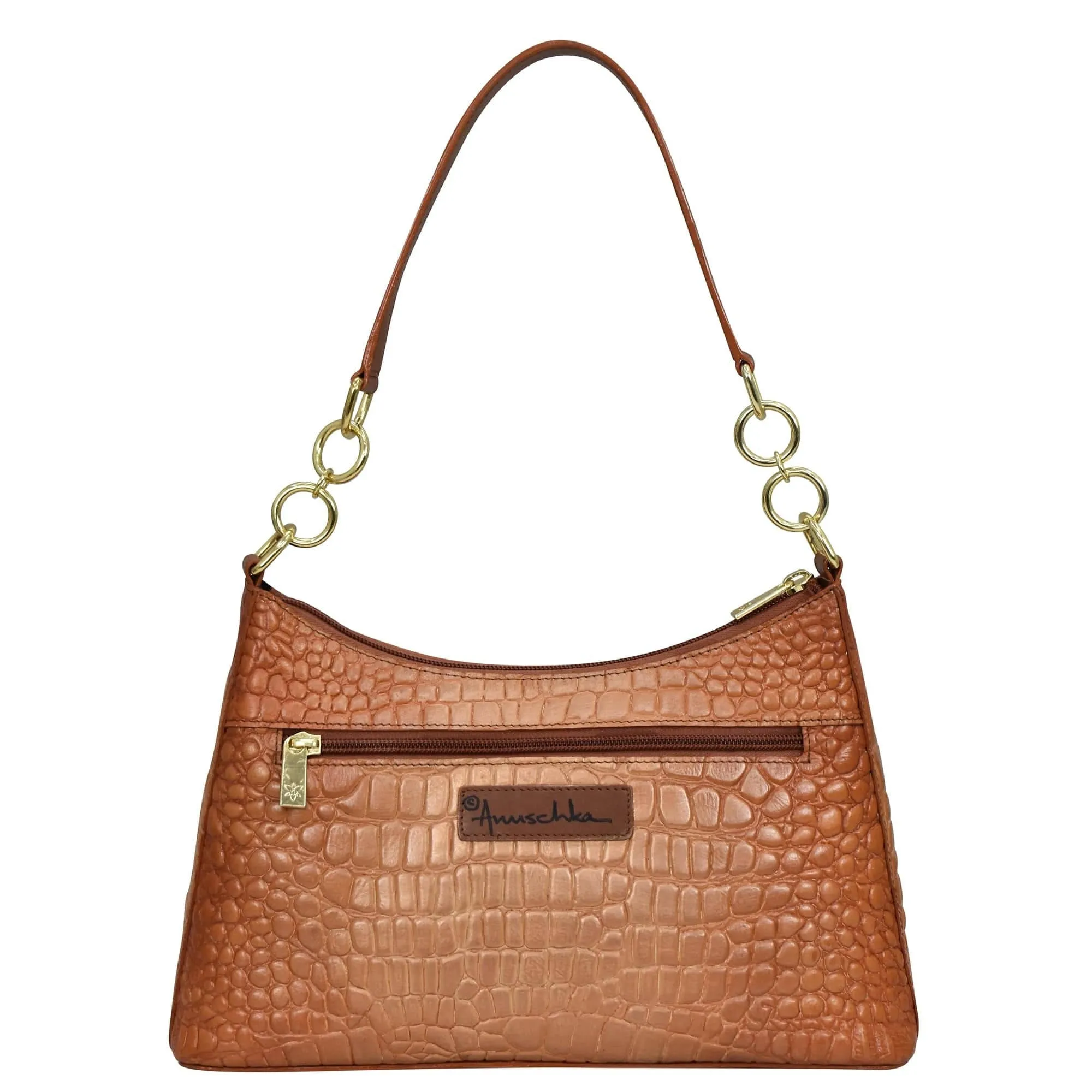 Anuschka Hobo With Chain Strap Croc Embossed Caramel