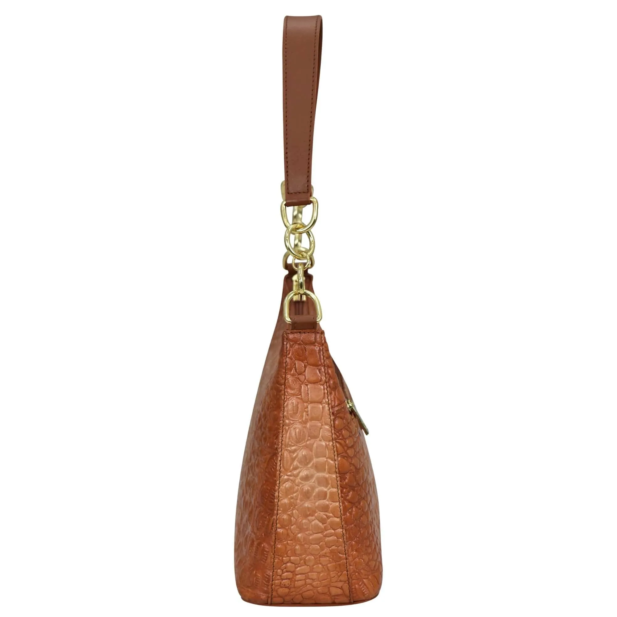 Anuschka Hobo With Chain Strap Croc Embossed Caramel