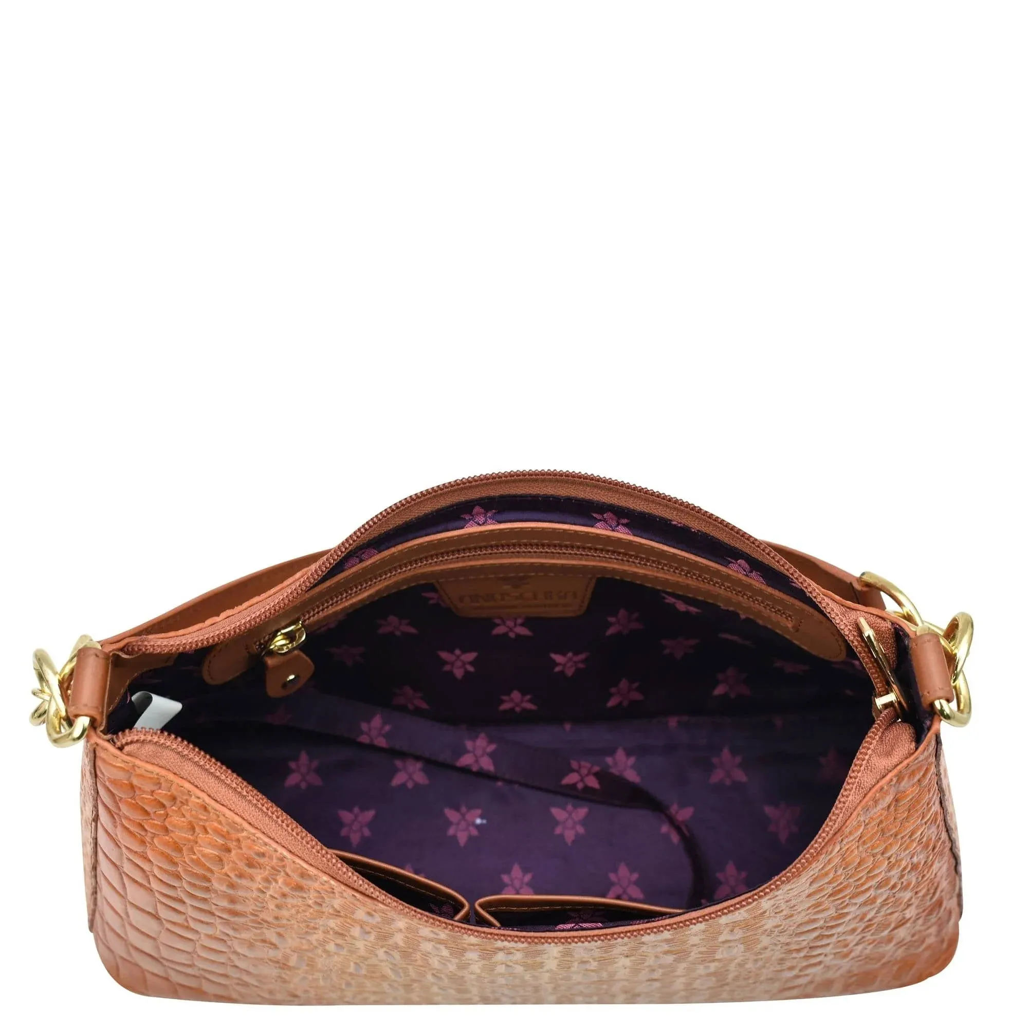 Anuschka Hobo With Chain Strap Croc Embossed Caramel