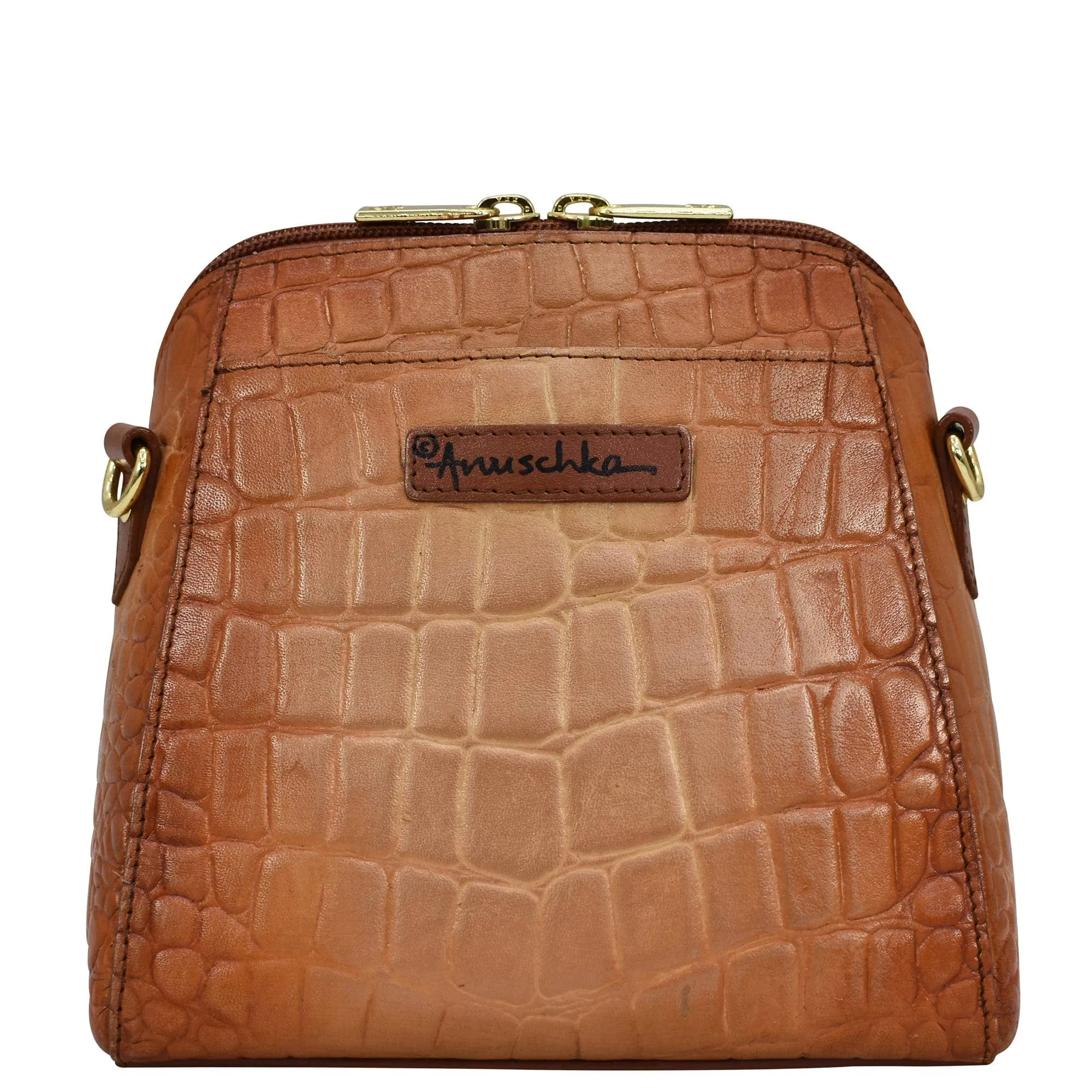Anuschka Small Zip Around Travel Organizer Croc Embossed Caramel