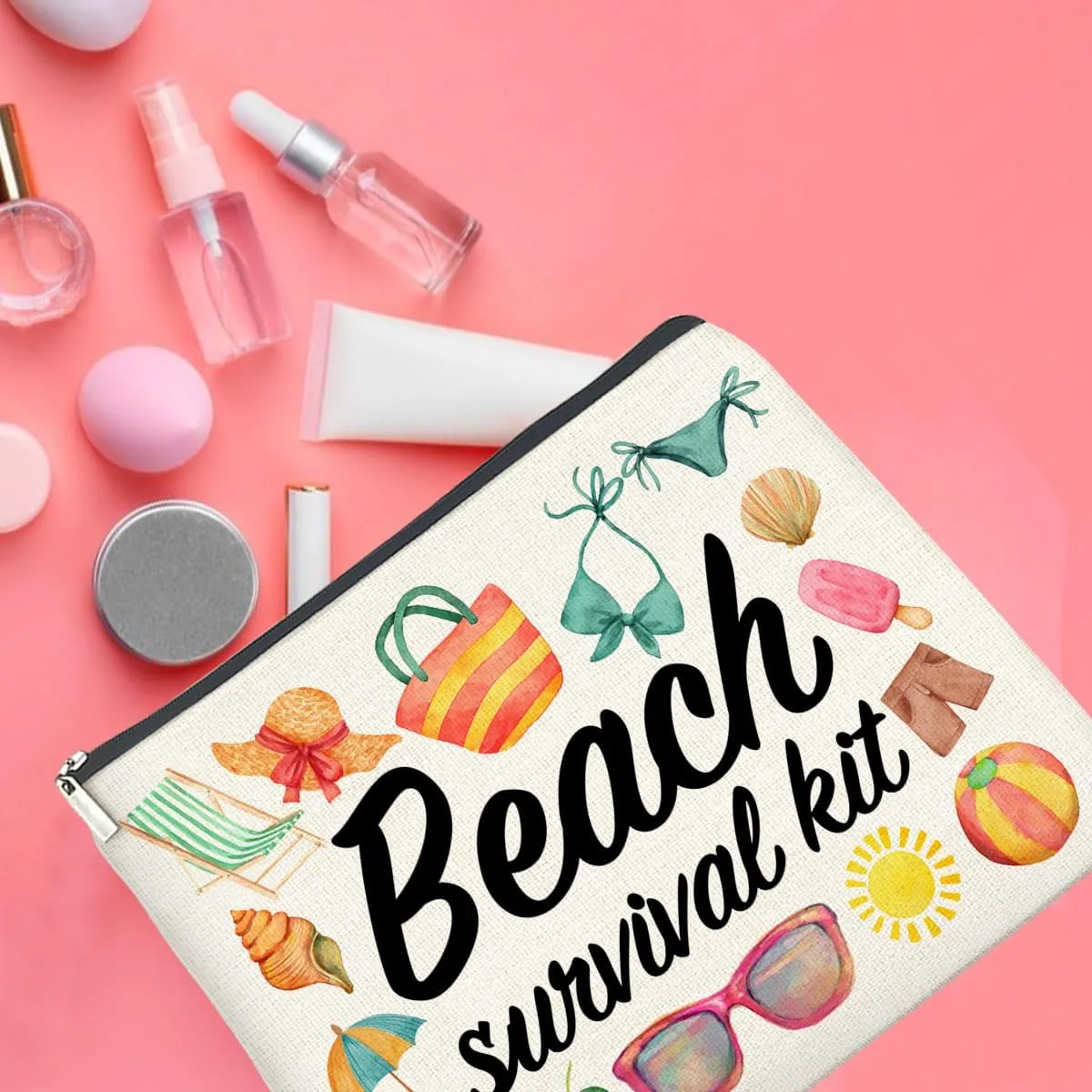 Beach Survival Kit Makeup Bag Beach Travel Gifts for Women, Beach Tropical Vacation Gifts for Women Beach Lover Cosmetic Bag, polychrome