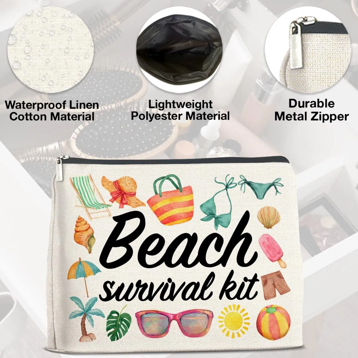 Beach Survival Kit Makeup Bag Beach Travel Gifts for Women, Beach Tropical Vacation Gifts for Women Beach Lover Cosmetic Bag, polychrome