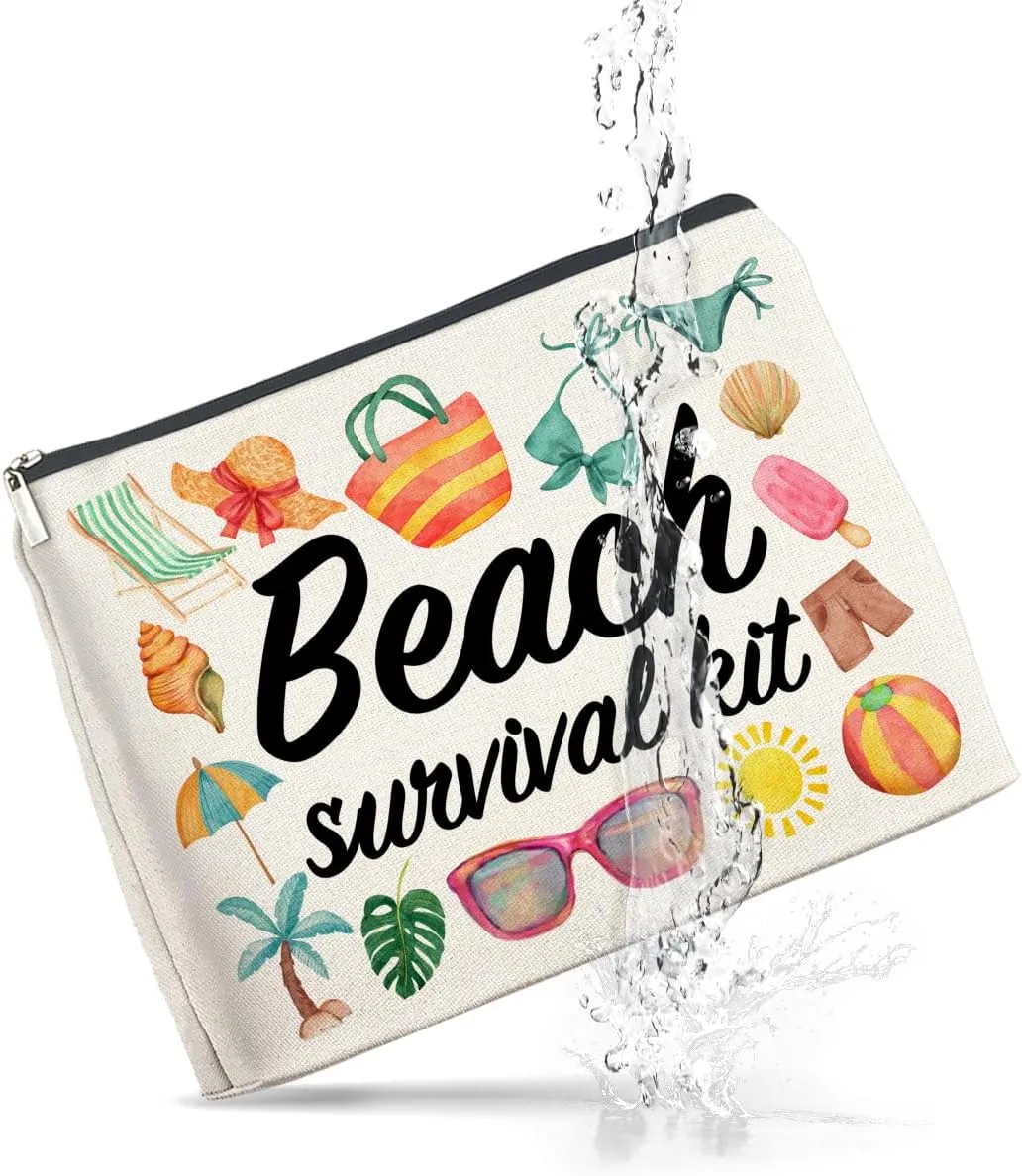 Beach Survival Kit Makeup Bag Beach Travel Gifts for Women, Beach Tropical Vacation Gifts for Women Beach Lover Cosmetic Bag, polychrome