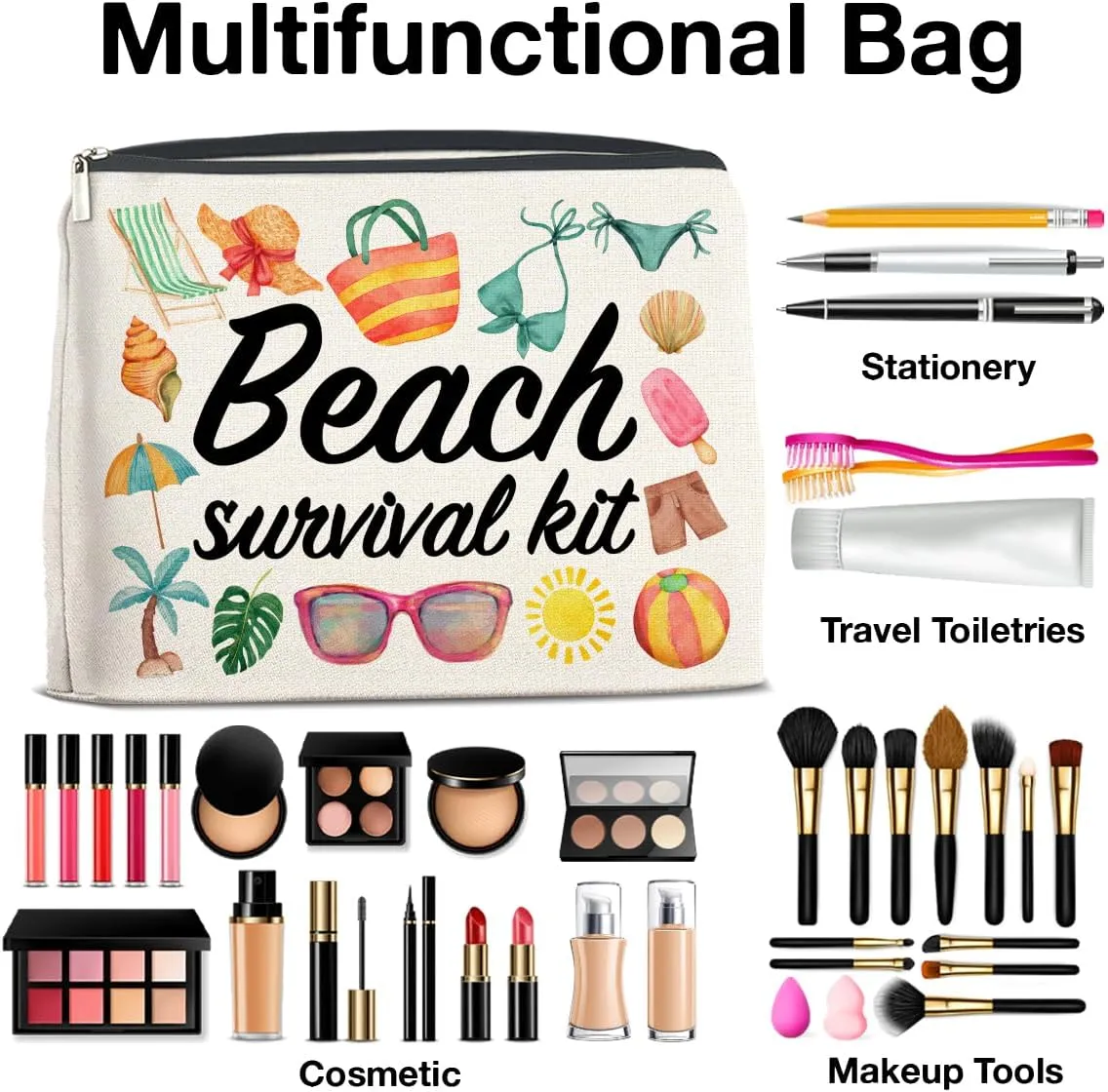 Beach Survival Kit Makeup Bag Beach Travel Gifts for Women, Beach Tropical Vacation Gifts for Women Beach Lover Cosmetic Bag, polychrome