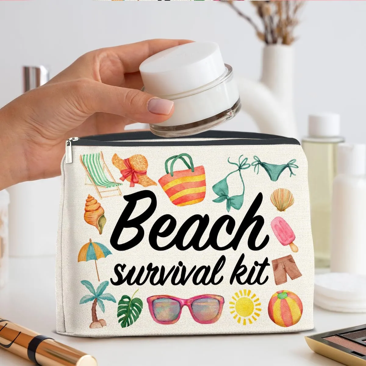 Beach Survival Kit Makeup Bag Beach Travel Gifts for Women, Beach Tropical Vacation Gifts for Women Beach Lover Cosmetic Bag, polychrome