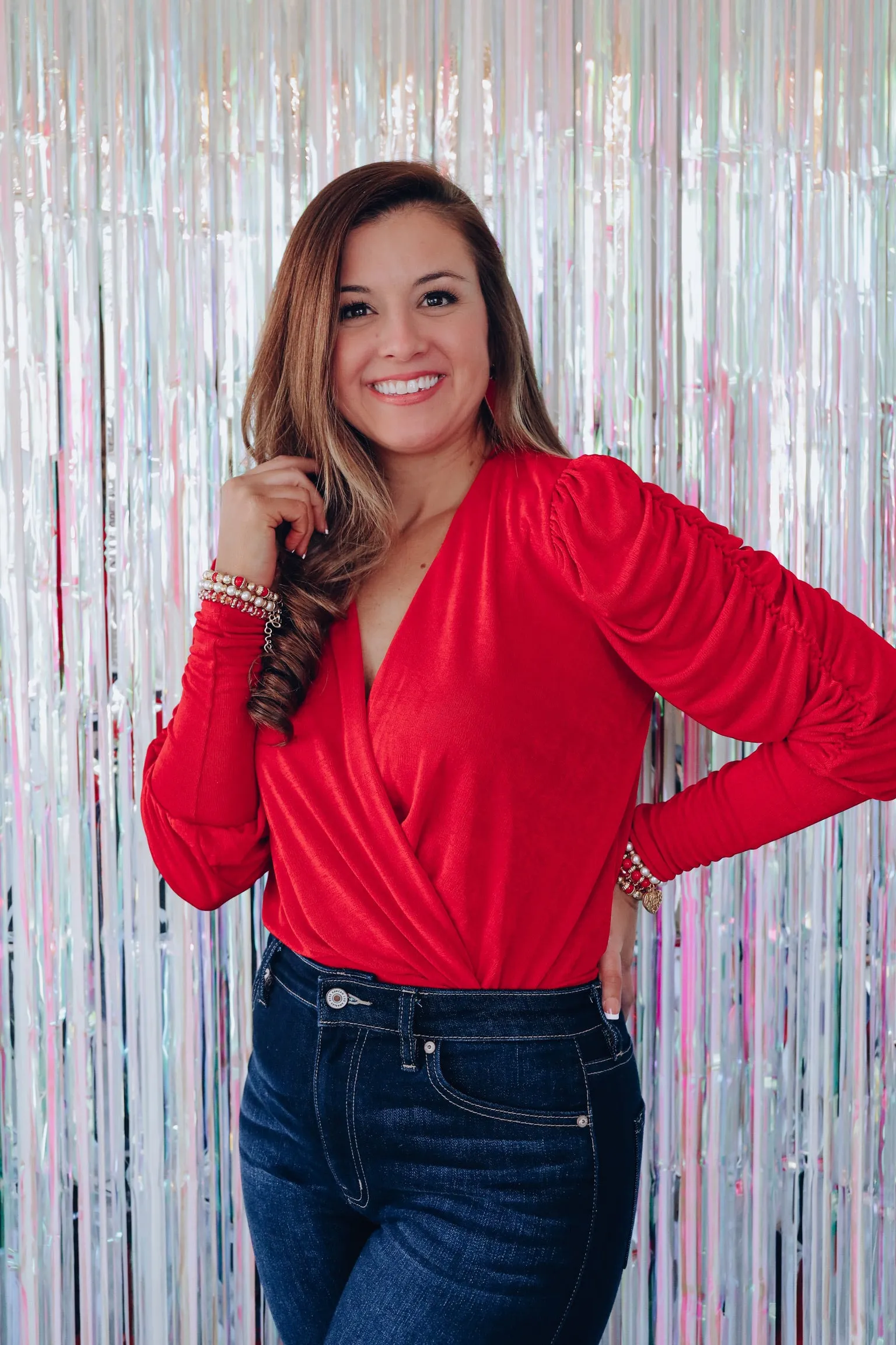 Being Bold In Red Surplice Bodysuit