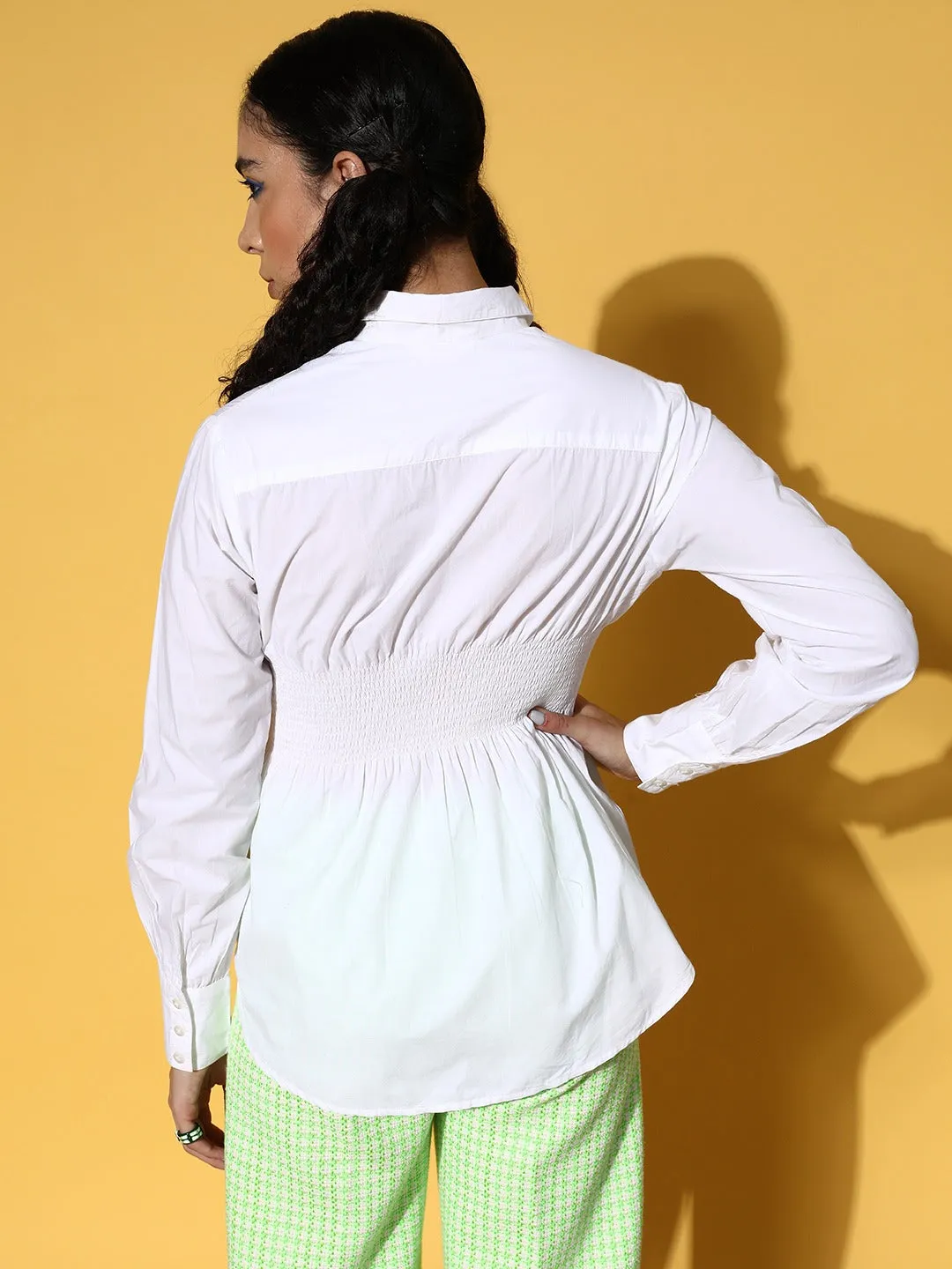 Berrylush Women Solid White Spread Collar Neck Button-Up Front Shirred Waist Curved Hem Longline Shirt