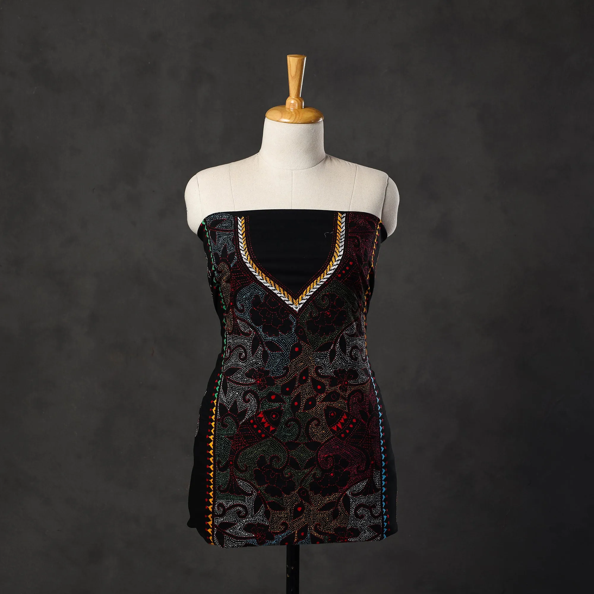 Black - Bengal Kantha Embroidery Cotton Kurta Material - (2.7m) 09