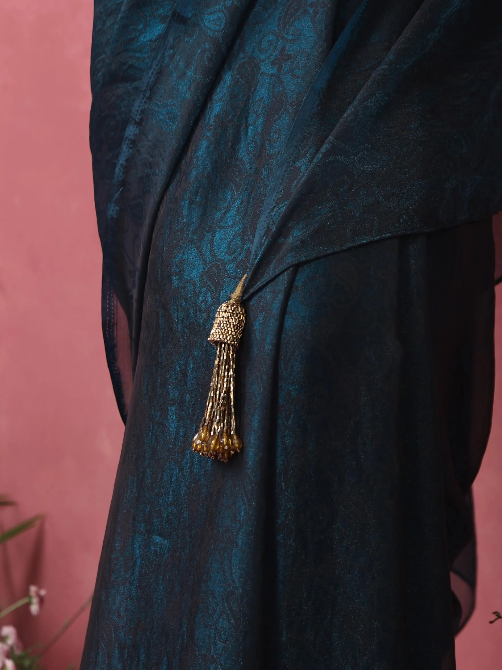 Blazing Blue Paisley Chiffon Saree with Long Pendants