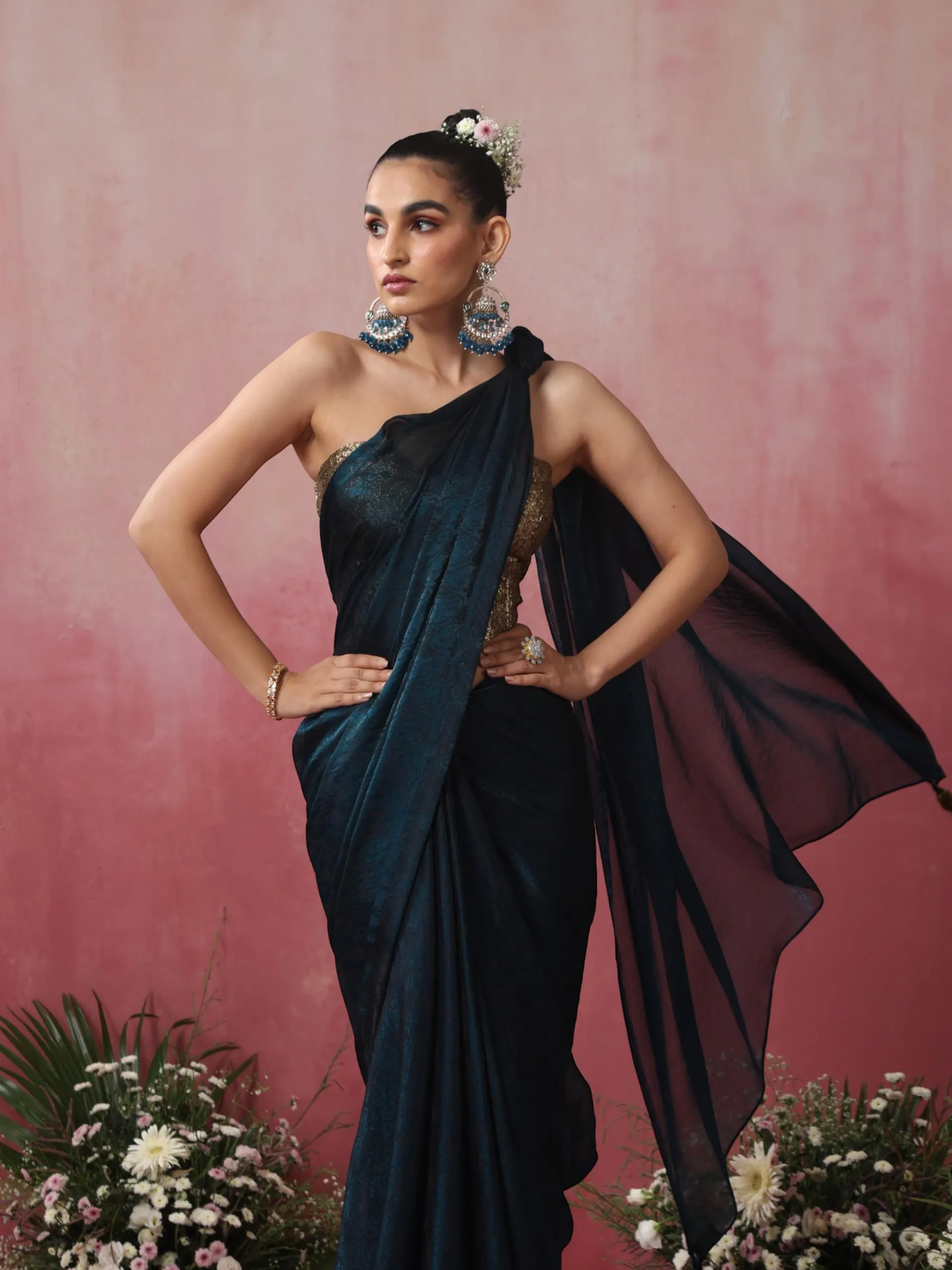 Blazing Blue Paisley Chiffon Saree with Long Pendants