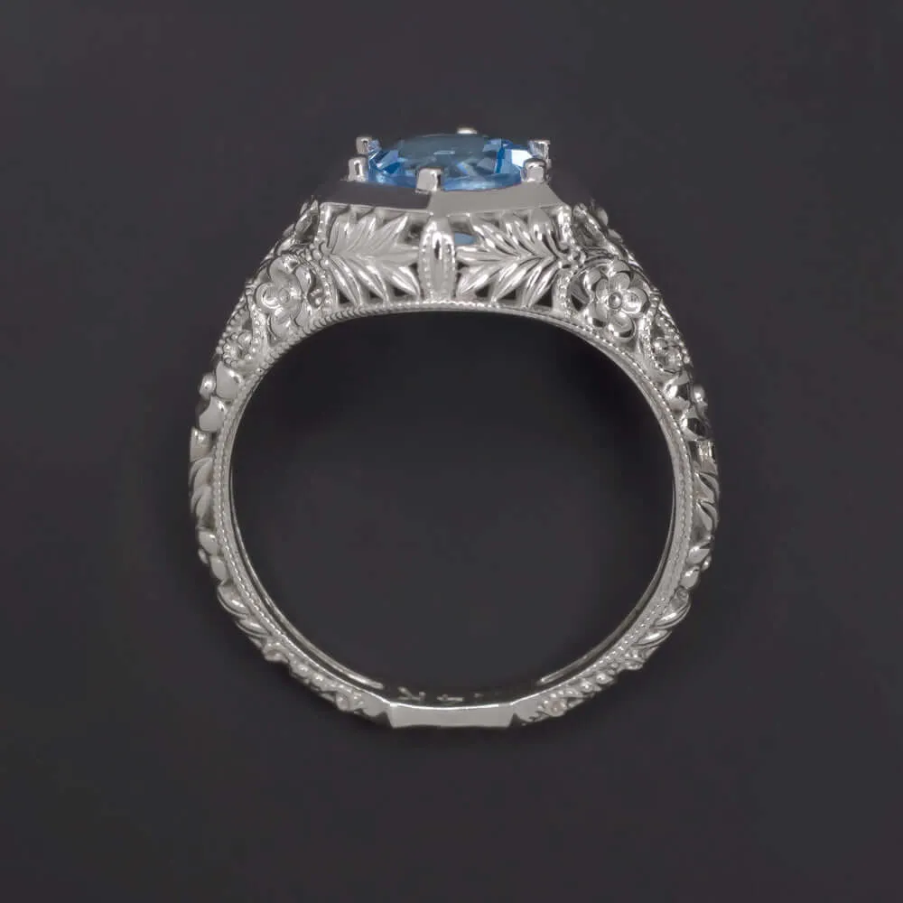 BLUE TOPAZ 14k WHITE GOLD FILIGREE RING VINTAGE STYLE ROUND SOLITAIRE GEMSTONE
