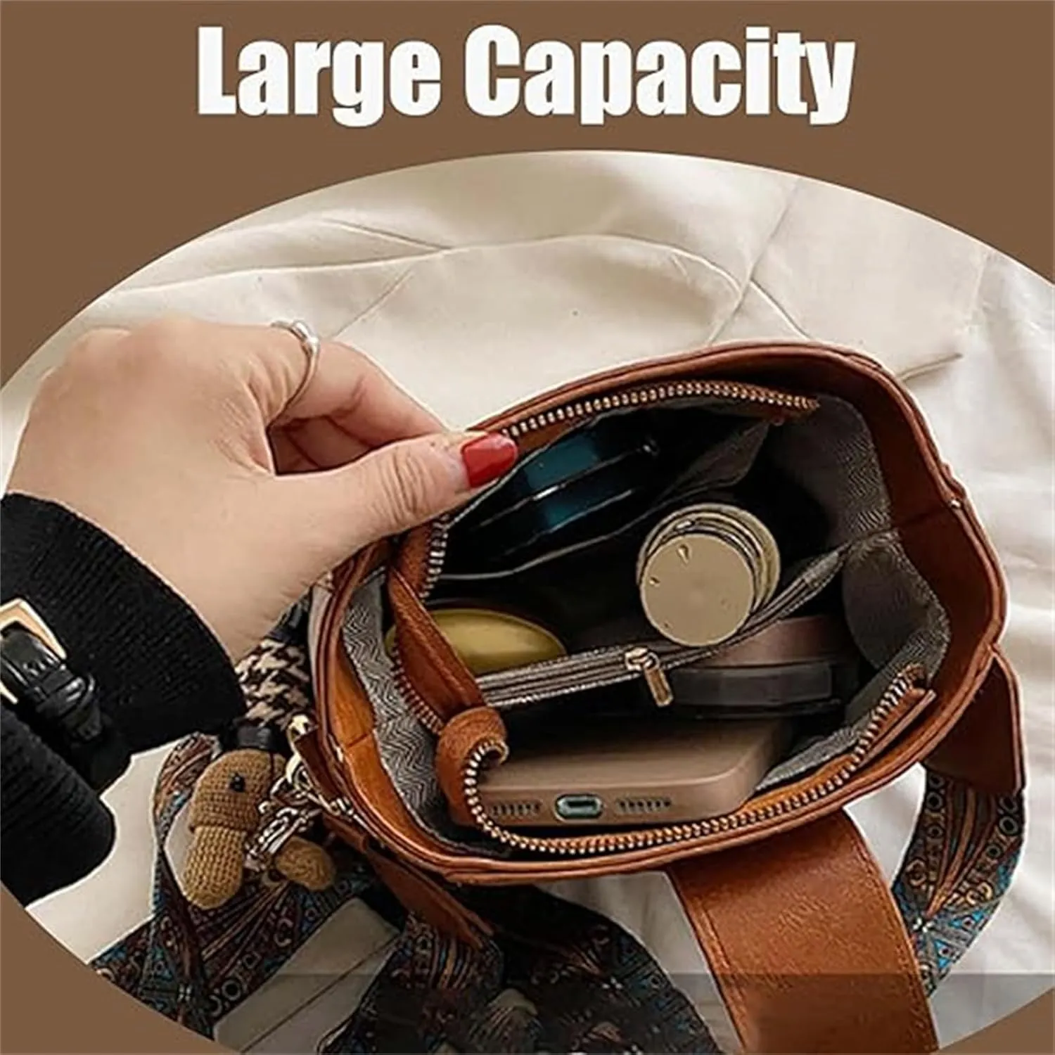 Bootara Bucket Bag, Women's Vintage Bunny Charm Bucket Bag, Crossbody Bag with Adjustable Wider Shoulder Strap