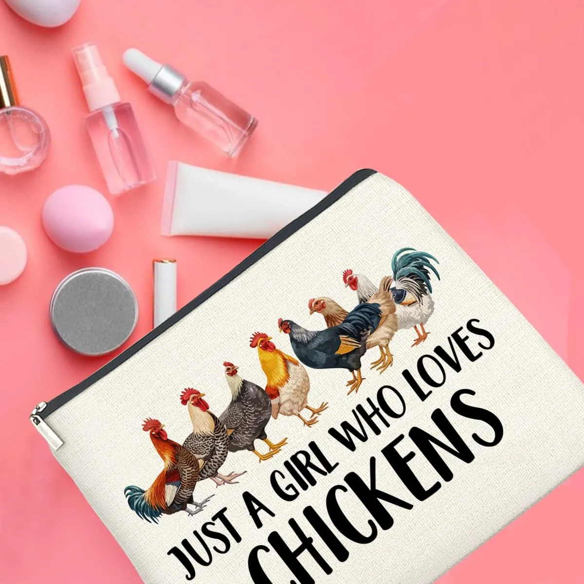 Chickens Gifts Makeup Bag Funny Chickens Gifts for Girl Women Cosmetic Bag Just a Girl Who Loves Chickens Zipper Makeup Pouch Gift, polychrome