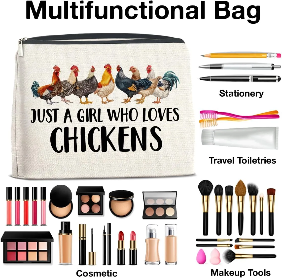 Chickens Gifts Makeup Bag Funny Chickens Gifts for Girl Women Cosmetic Bag Just a Girl Who Loves Chickens Zipper Makeup Pouch Gift, polychrome
