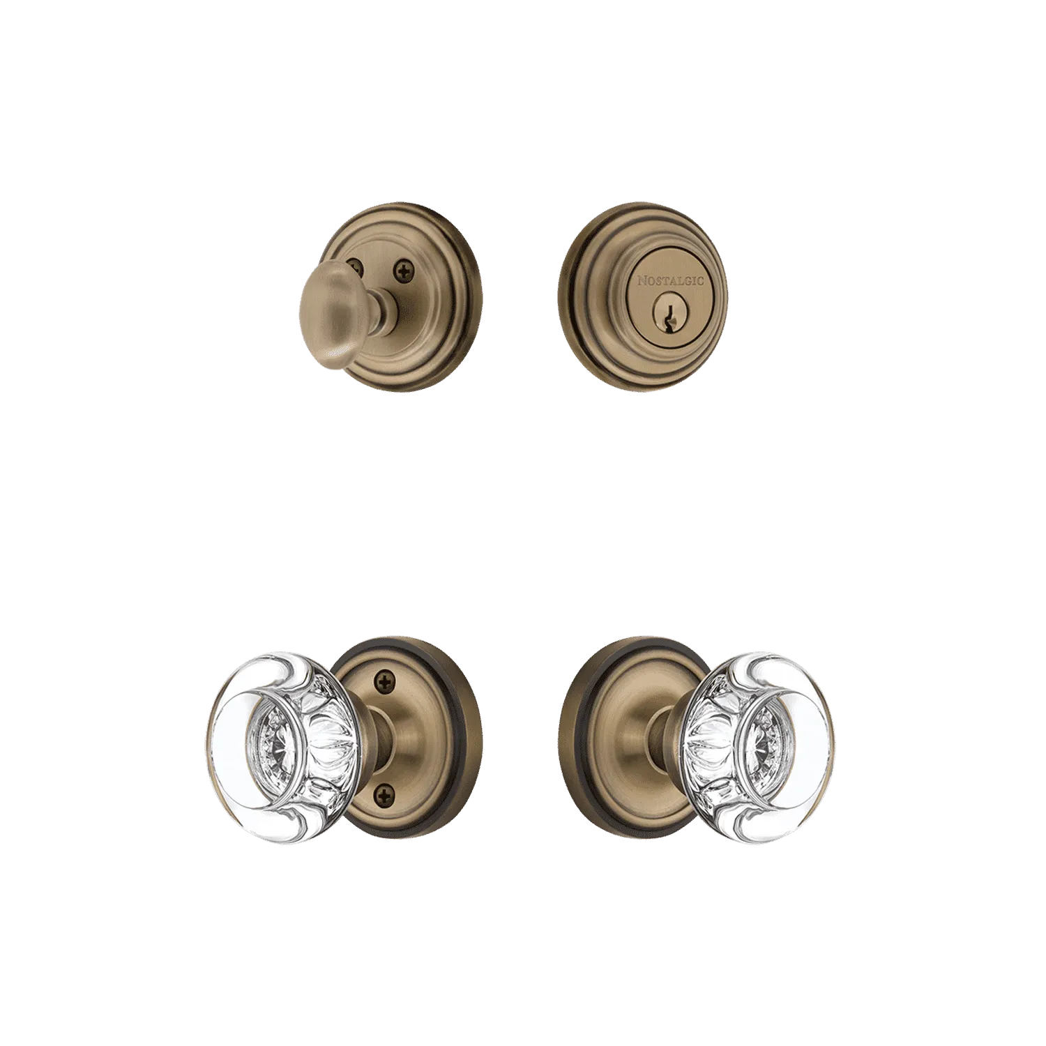 Classic Rosette Entry Set with Round Clear Crystal Knob in Antique Brass