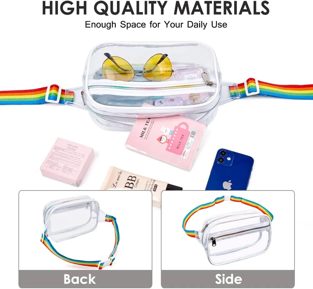 Clearworld Fanny Pack, Clear Fanny Pack for Women Men, Stadium Approved Waist Pack with Adjustable Strap,Fashion Belt Bag for Festival, Games,Travel and Concerts,White Rainbow