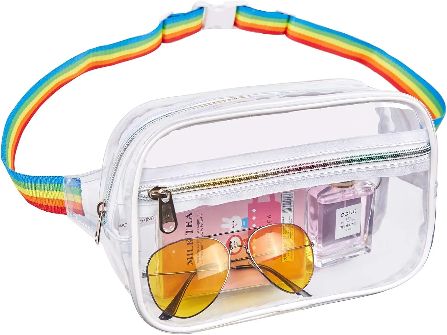 Clearworld Fanny Pack, Clear Fanny Pack for Women Men, Stadium Approved Waist Pack with Adjustable Strap,Fashion Belt Bag for Festival, Games,Travel and Concerts,White Rainbow
