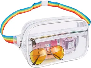 Clearworld Fanny Pack, Clear Fanny Pack for Women Men, Stadium Approved Waist Pack with Adjustable Strap,Fashion Belt Bag for Festival, Games,Travel and Concerts,White Rainbow