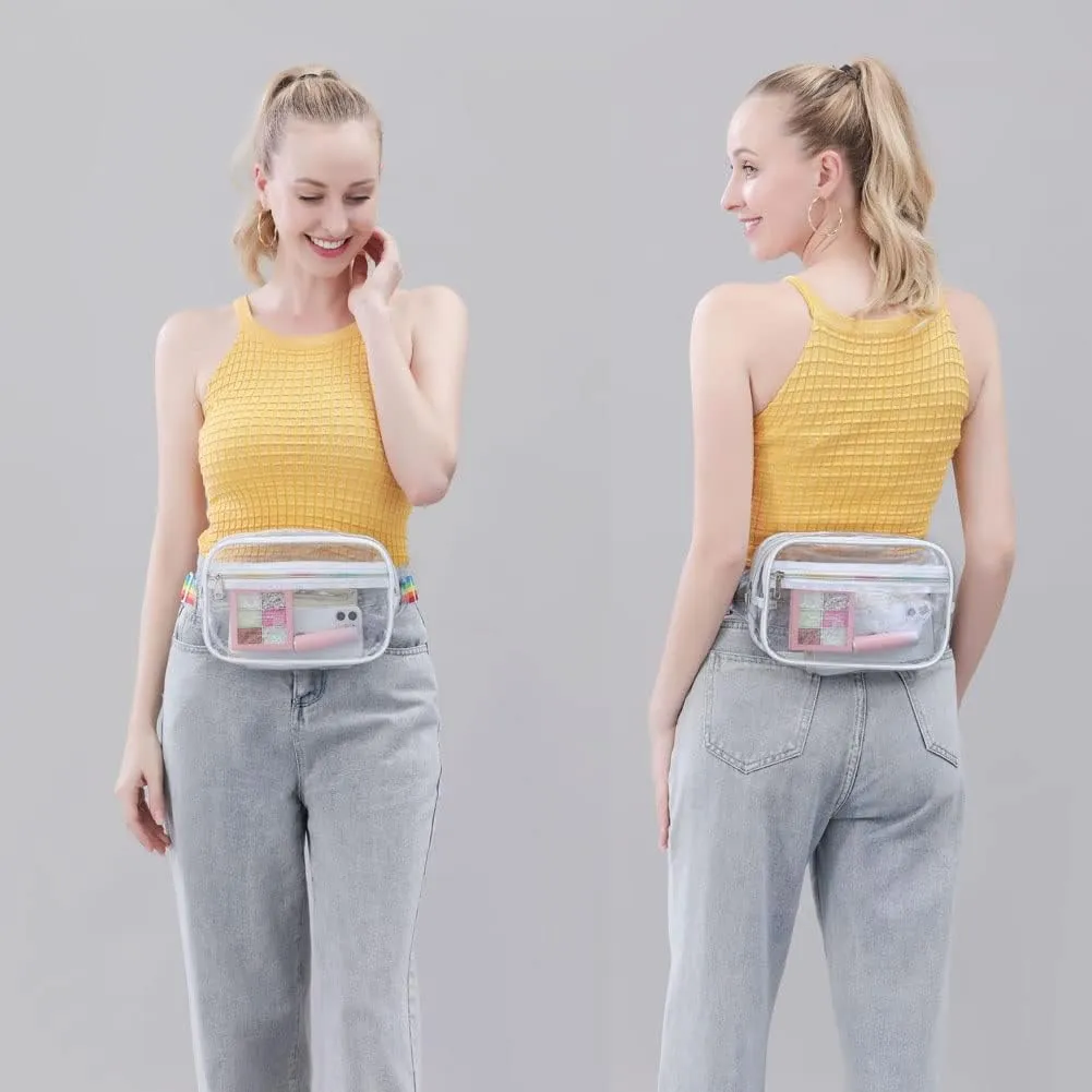 Clearworld Fanny Pack, Clear Fanny Pack for Women Men, Stadium Approved Waist Pack with Adjustable Strap,Fashion Belt Bag for Festival, Games,Travel and Concerts,White Rainbow