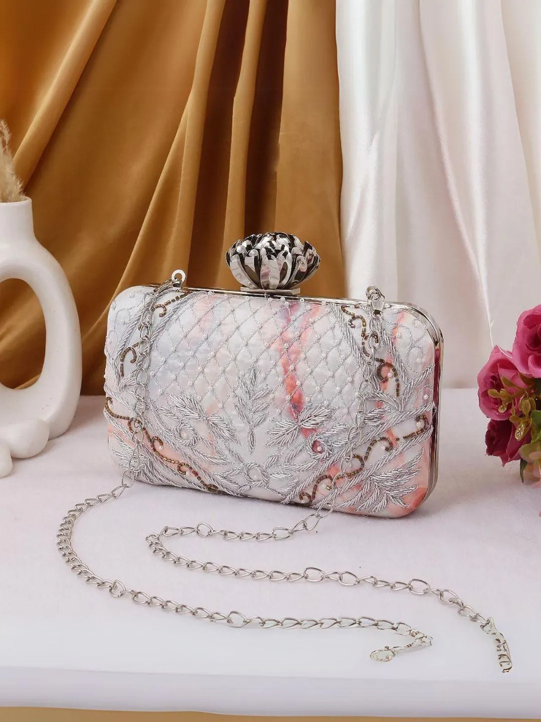 Designer Printed Embroidered Clutch With Lotus Button
