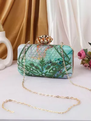 Designer Printed Embroidered Clutch With Lotus Button