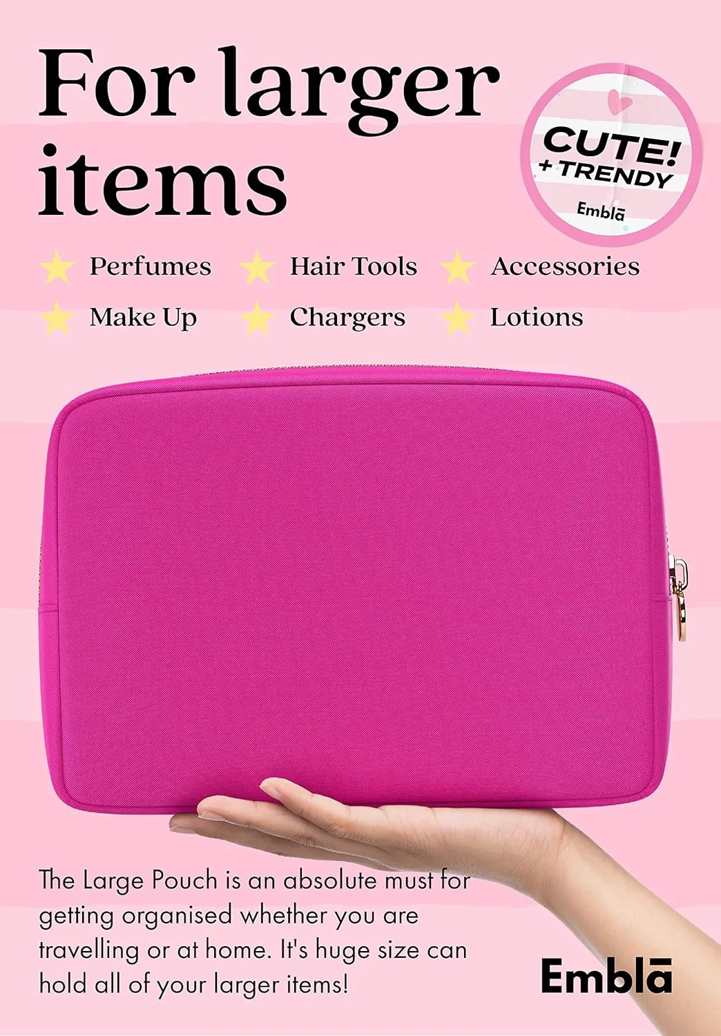 Embla Makeup Bag Travel Cosmetics Pouch and Toiletry Bag, Nylon Zipper Pouch Purse, Cute Make Up Organizer Storage Tote for Women Girls, Waterproof Travel Skincare Case, Large Makeup Bags, Fuchsia