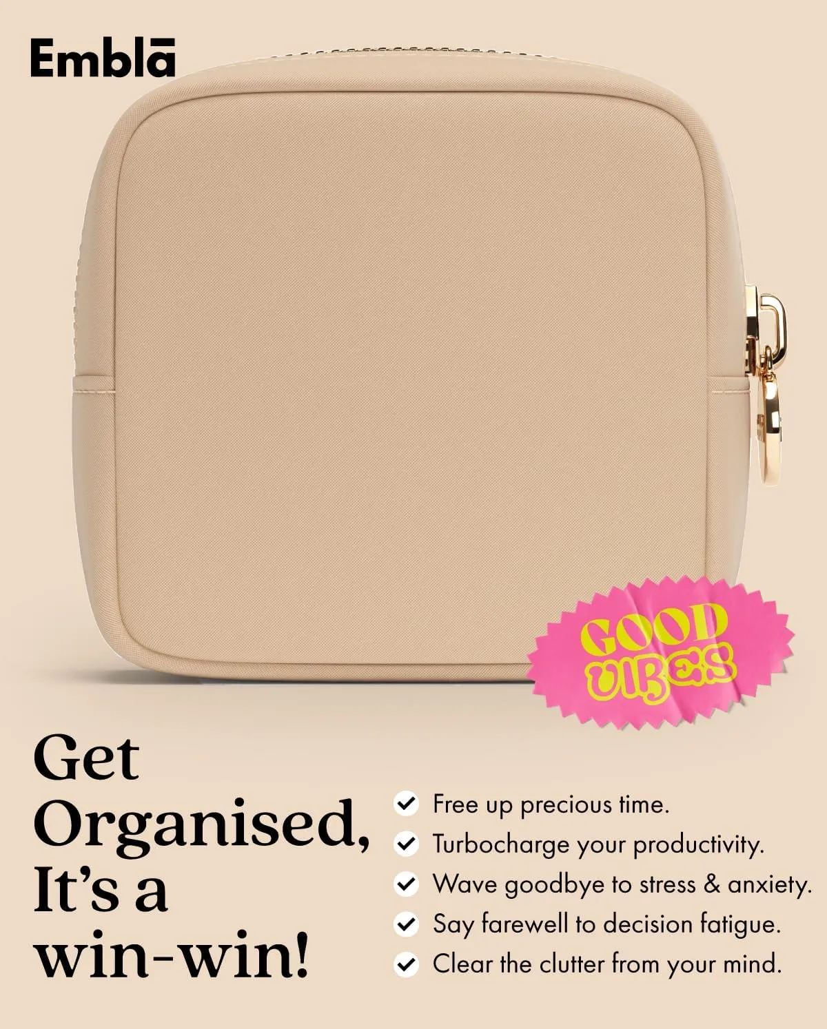 Embla Makeup Bag Travel Cosmetics Pouch and Toiletry Bag, Nylon Zipper Pouch Purse, Cute Make Up Organizer Storage Tote for Women Girls, Waterproof Travel Skincare Case, Small Makeup Bags, Honey Beige