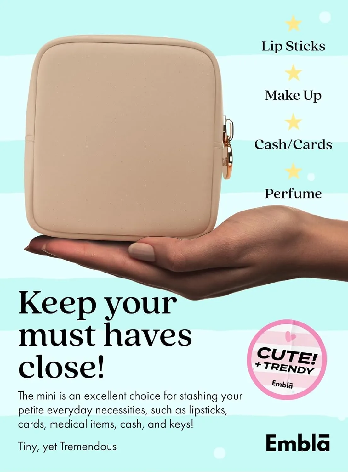 Embla Makeup Bag Travel Cosmetics Pouch and Toiletry Bag, Nylon Zipper Pouch Purse, Cute Make Up Organizer Storage Tote for Women Girls, Waterproof Travel Skincare Case, Small Makeup Bags, Honey Beige