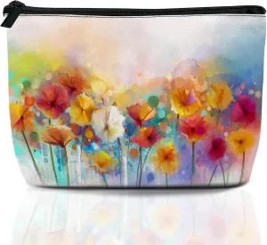 Floral Watercolor Cosmetic Bag Yellow Pink Red Daisy Makeup Bags,Travel Make up Bags for Women Girls Cute Zipper Pouch Toiletry Organizer Bag Travel Essentials