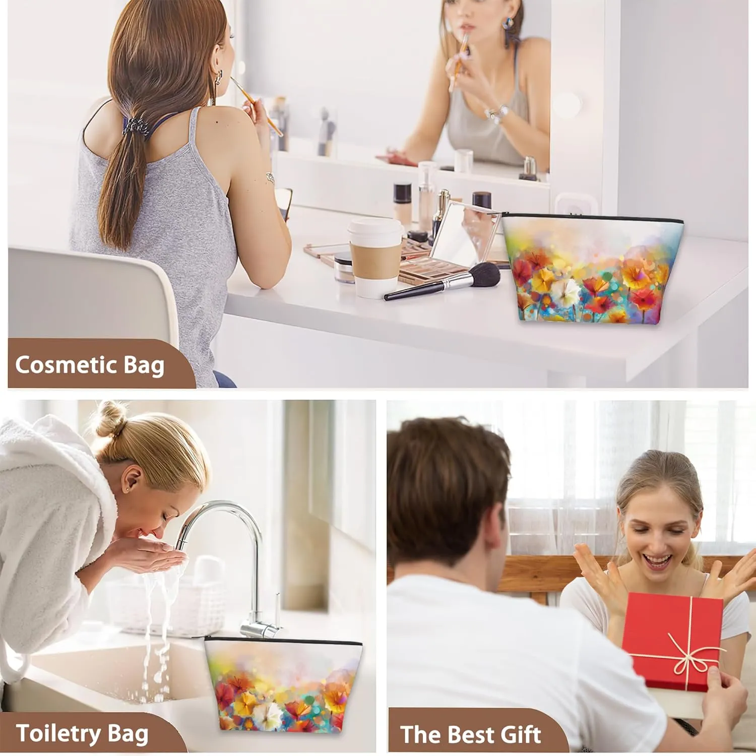 Floral Watercolor Cosmetic Bag Yellow Pink Red Daisy Makeup Bags,Travel Make up Bags for Women Girls Cute Zipper Pouch Toiletry Organizer Bag Travel Essentials