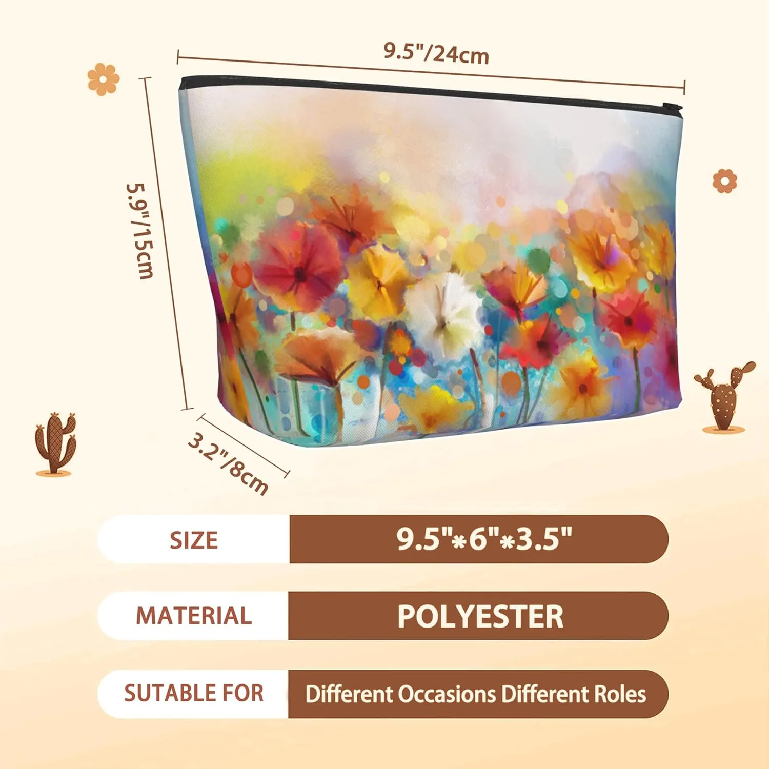 Floral Watercolor Cosmetic Bag Yellow Pink Red Daisy Makeup Bags,Travel Make up Bags for Women Girls Cute Zipper Pouch Toiletry Organizer Bag Travel Essentials
