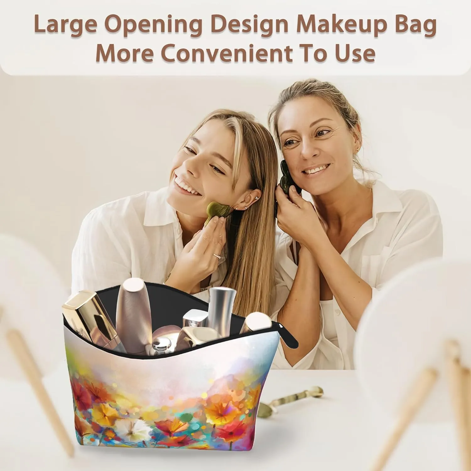 Floral Watercolor Cosmetic Bag Yellow Pink Red Daisy Makeup Bags,Travel Make up Bags for Women Girls Cute Zipper Pouch Toiletry Organizer Bag Travel Essentials