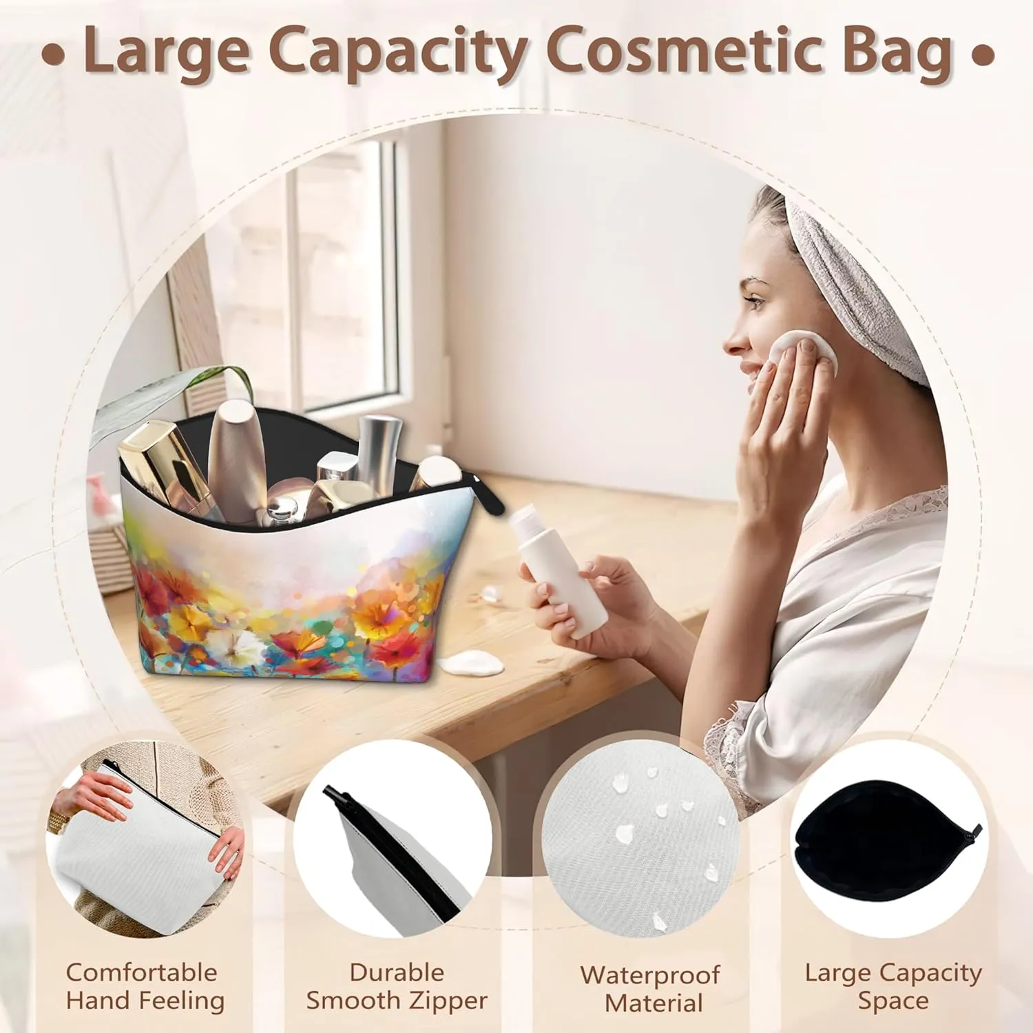 Floral Watercolor Cosmetic Bag Yellow Pink Red Daisy Makeup Bags,Travel Make up Bags for Women Girls Cute Zipper Pouch Toiletry Organizer Bag Travel Essentials