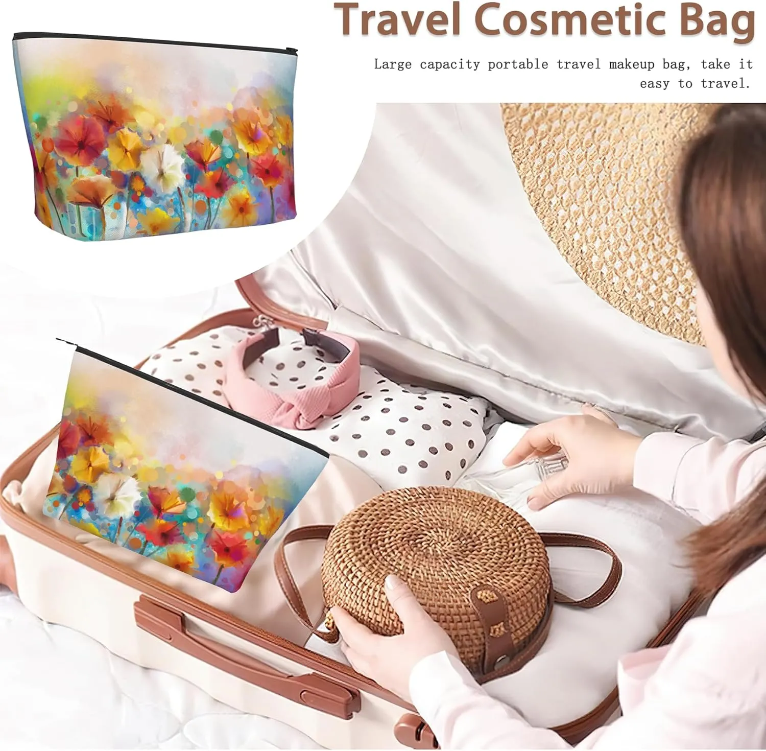 Floral Watercolor Cosmetic Bag Yellow Pink Red Daisy Makeup Bags,Travel Make up Bags for Women Girls Cute Zipper Pouch Toiletry Organizer Bag Travel Essentials
