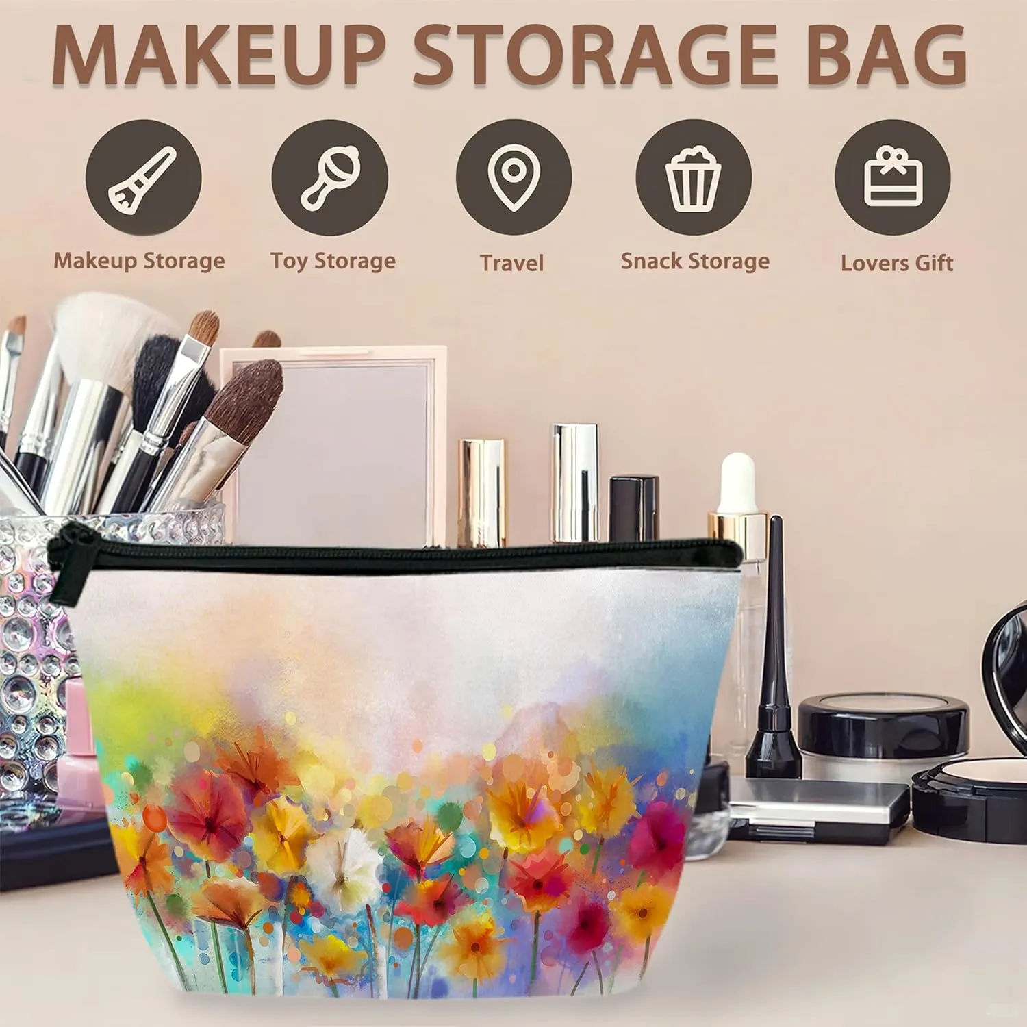 Floral Watercolor Cosmetic Bag Yellow Pink Red Daisy Makeup Bags,Travel Make up Bags for Women Girls Cute Zipper Pouch Toiletry Organizer Bag Travel Essentials