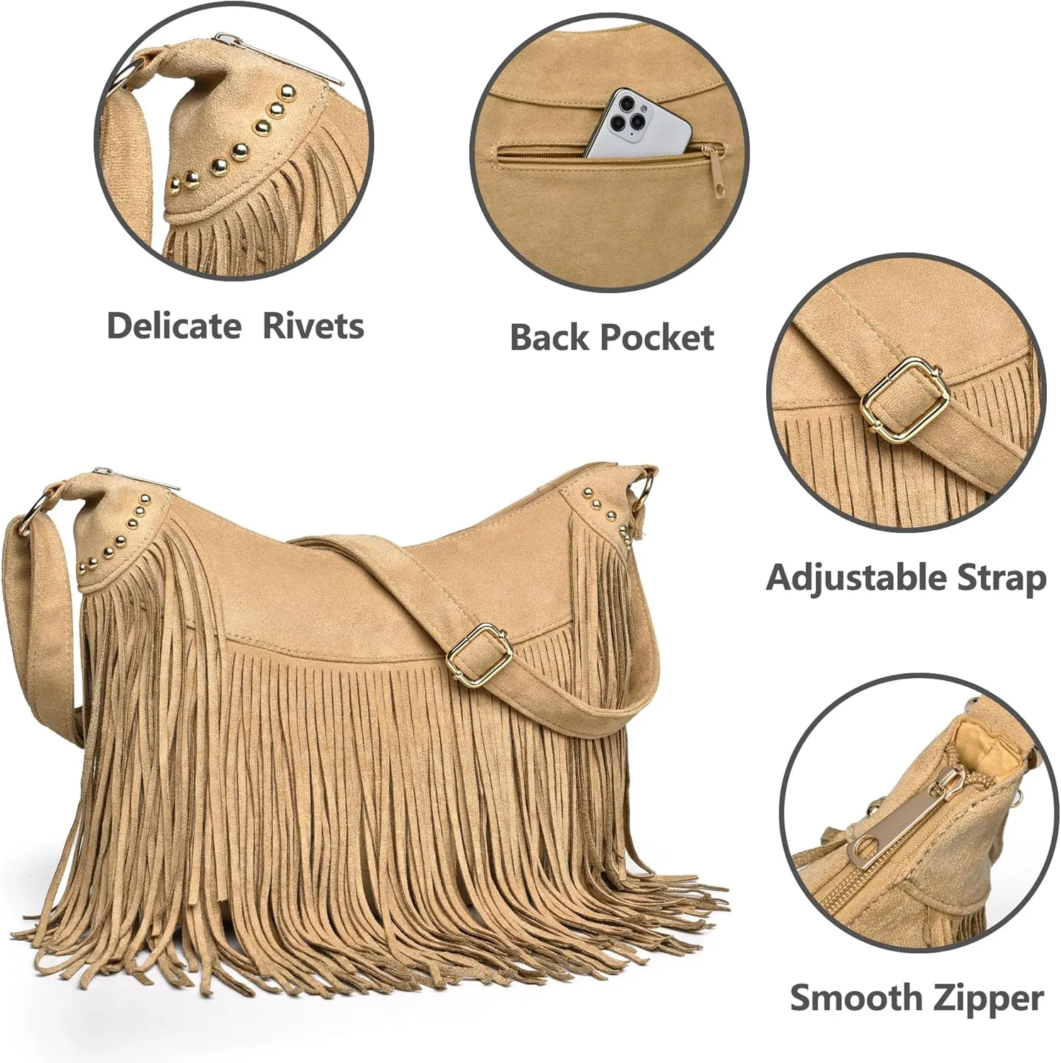 Fringe Hobo Bags for Women Vintage Suede Crossbody Bag Hippie Western Cowgirl Purses Tassel Shoulder Bag