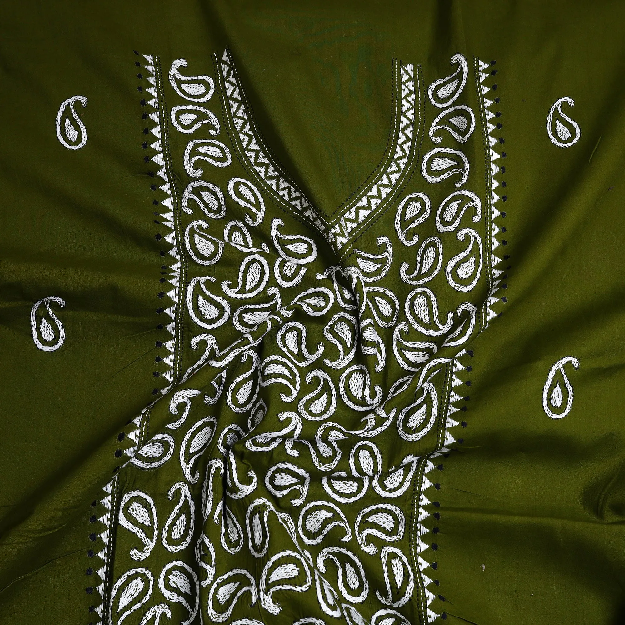Green - Bengal Kantha Embroidery Cotton Kurta Material - (2.75m) 32