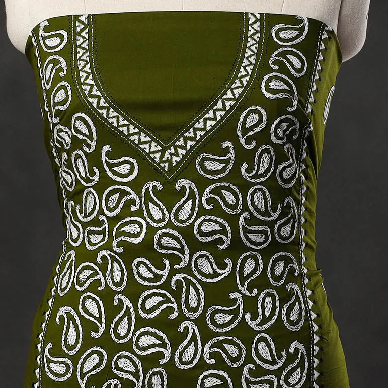 Green - Bengal Kantha Embroidery Cotton Kurta Material - (2.75m) 32