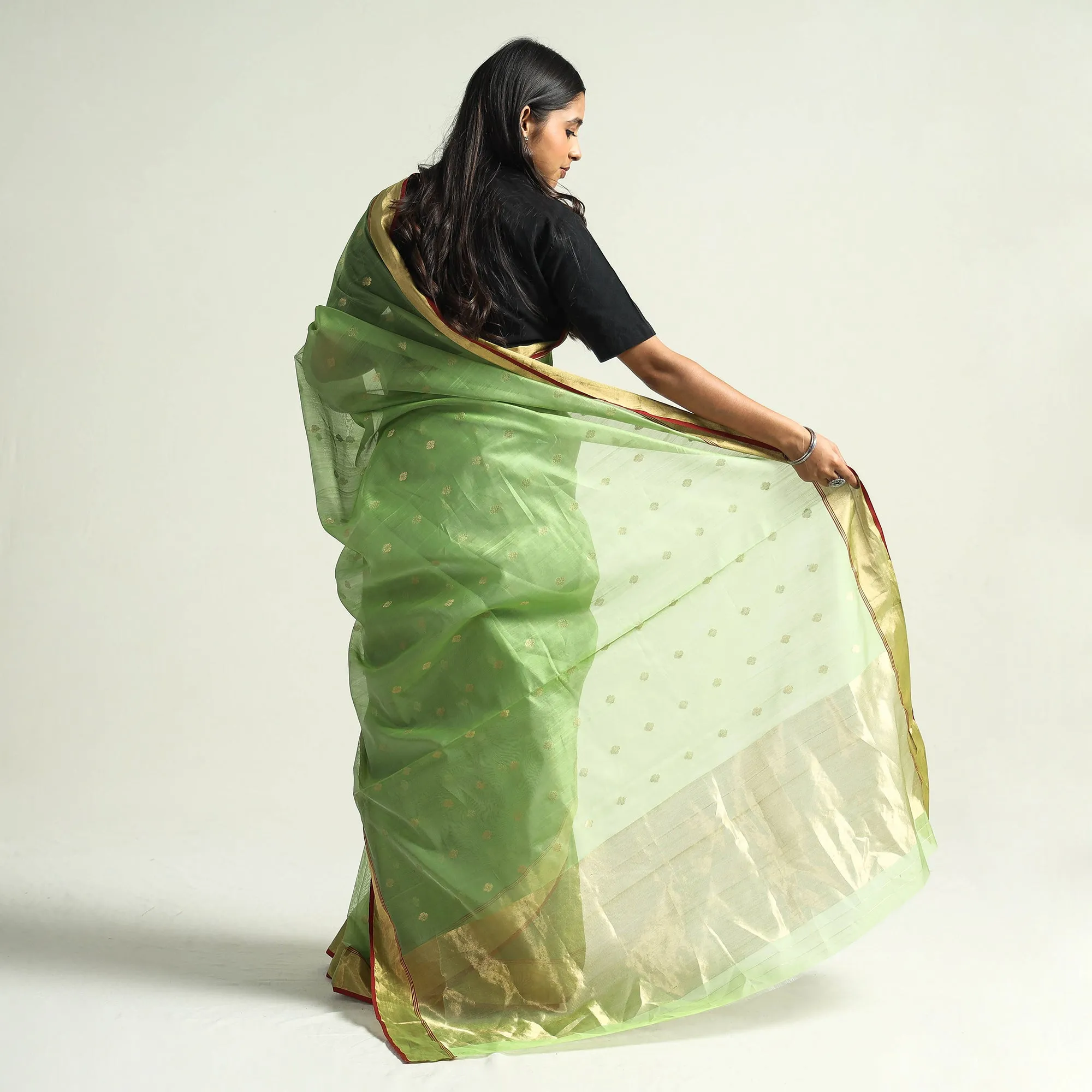 Green - Traditional Chanderi Silk Handloom Saree with Zari Border & Buti