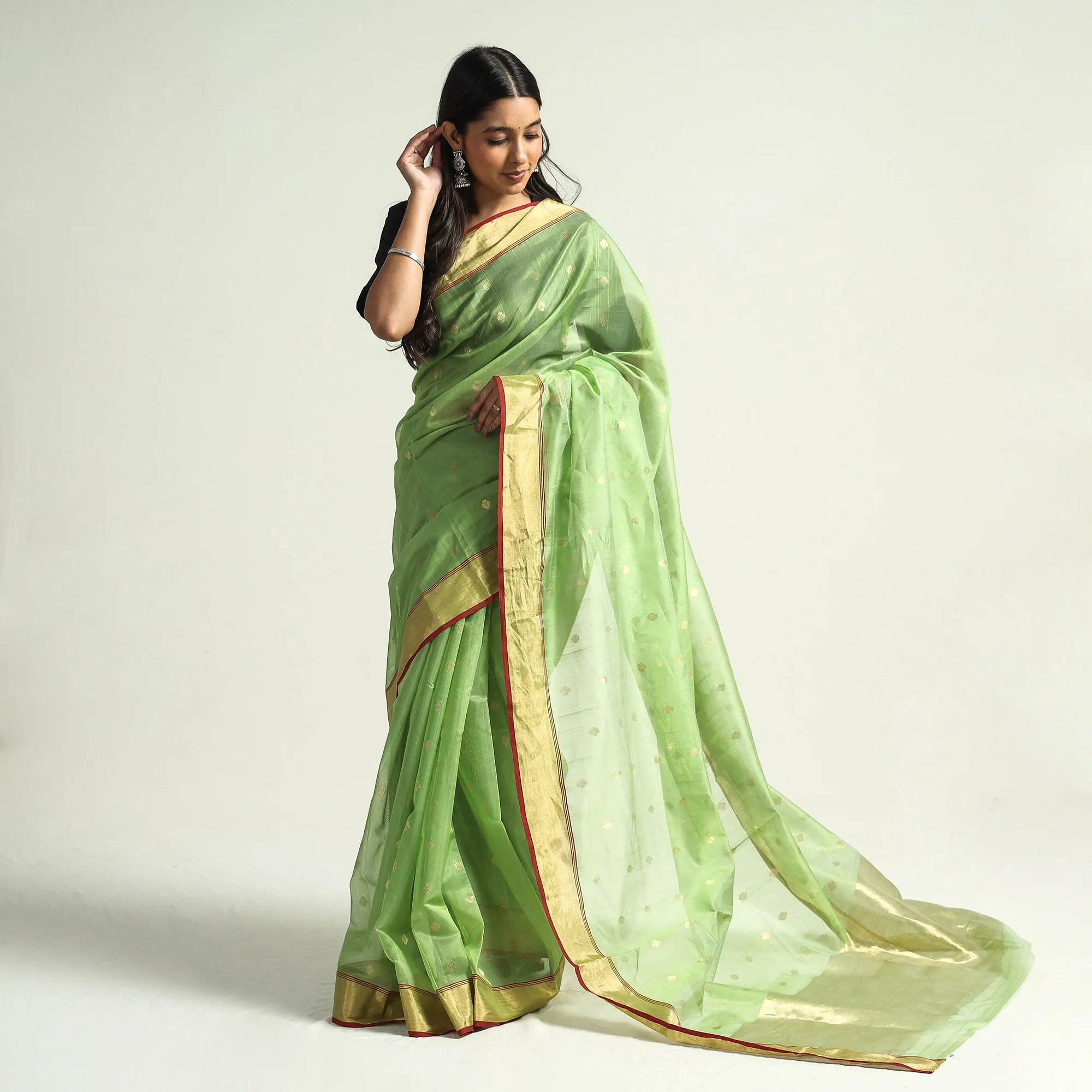 Green - Traditional Chanderi Silk Handloom Saree with Zari Border & Buti