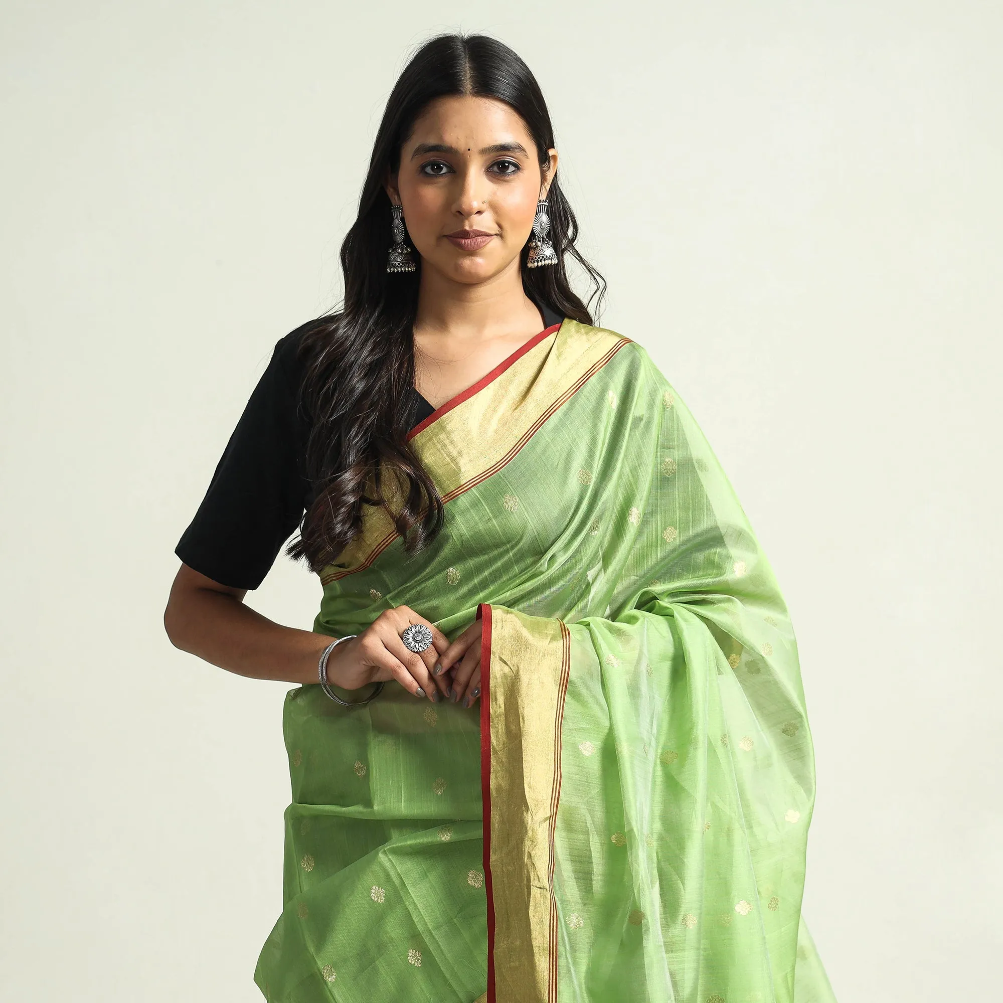 Green - Traditional Chanderi Silk Handloom Saree with Zari Border & Buti