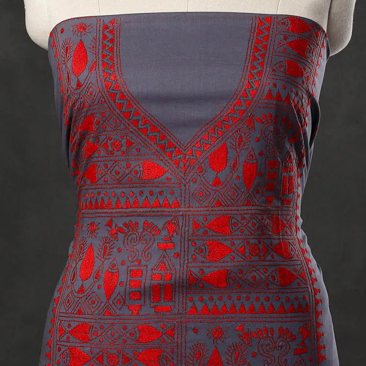 Grey - Bengal Kantha Embroidery Cotton Kurta Material - (2.8m) 50