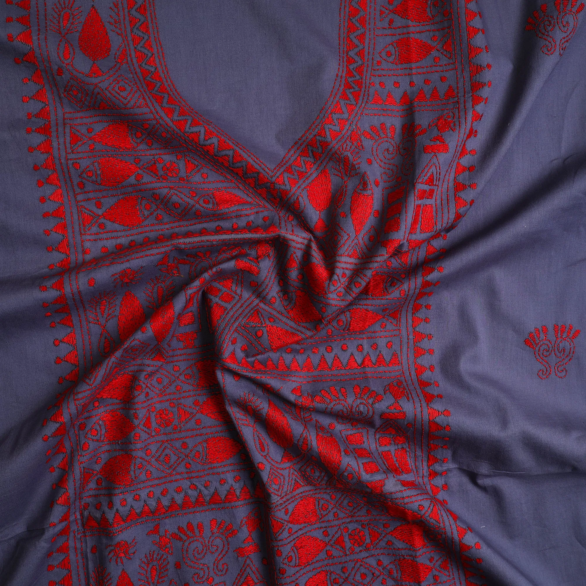 Grey - Bengal Kantha Embroidery Cotton Kurta Material - (2.8m) 50