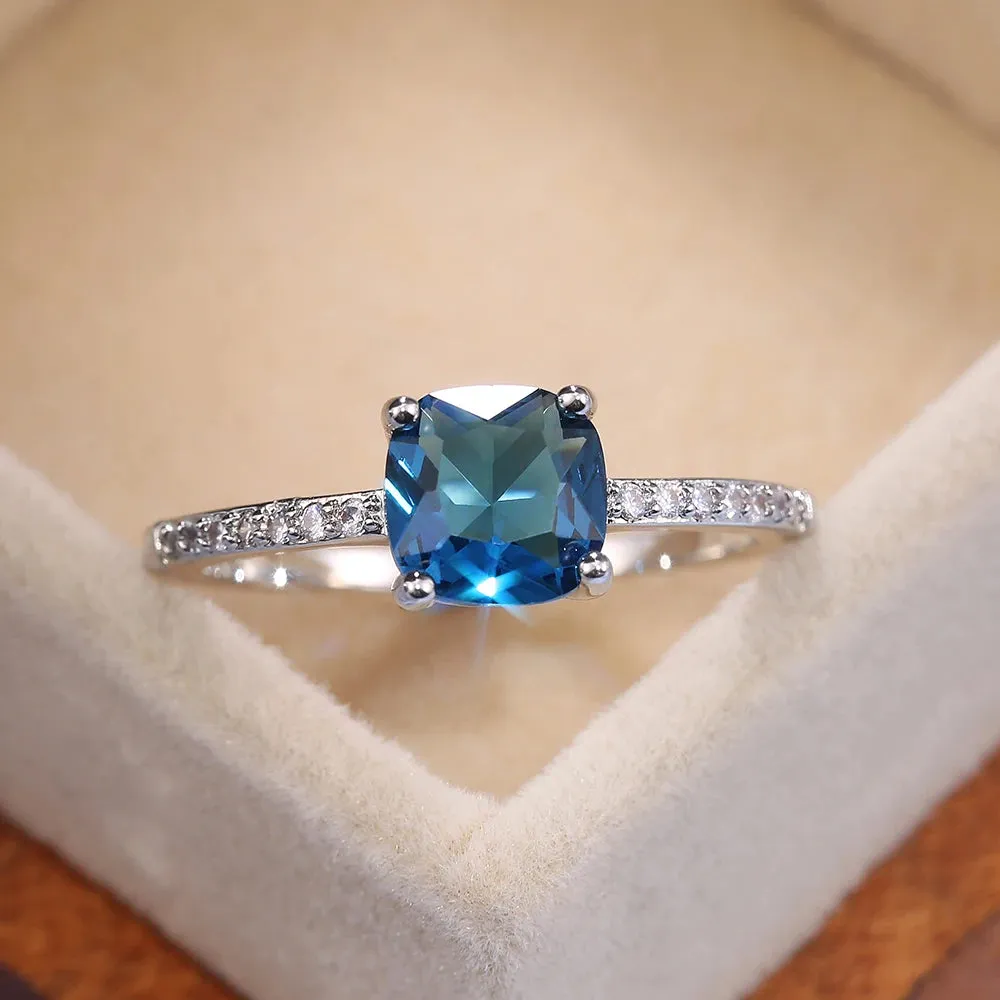 Huitan Square Blue Series Stone Women Rings Simple Minimalist Pinky Accessories Ring Band Elegant Engagement Jewelry Rings