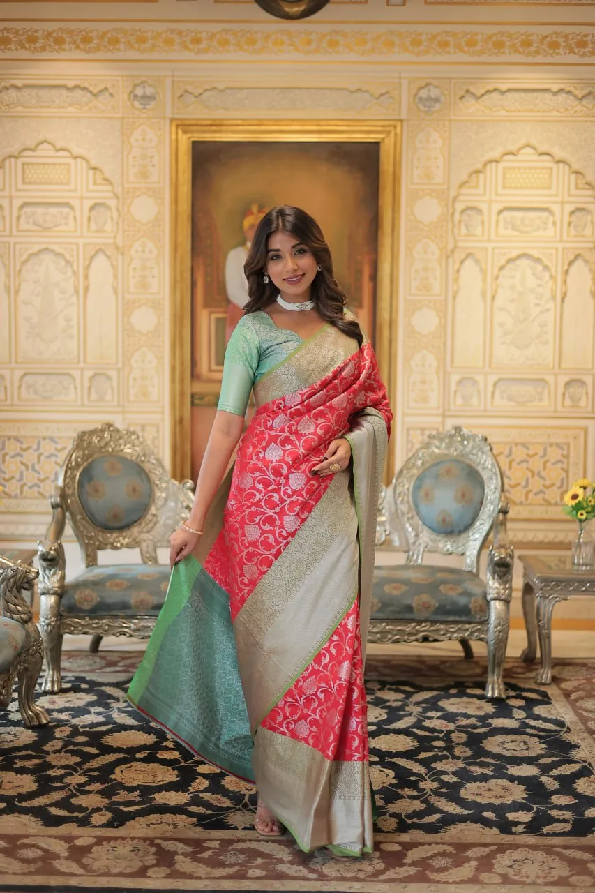 Kanjivaram Silk Red Saree with Zari Weaving & Unstitched Blouse