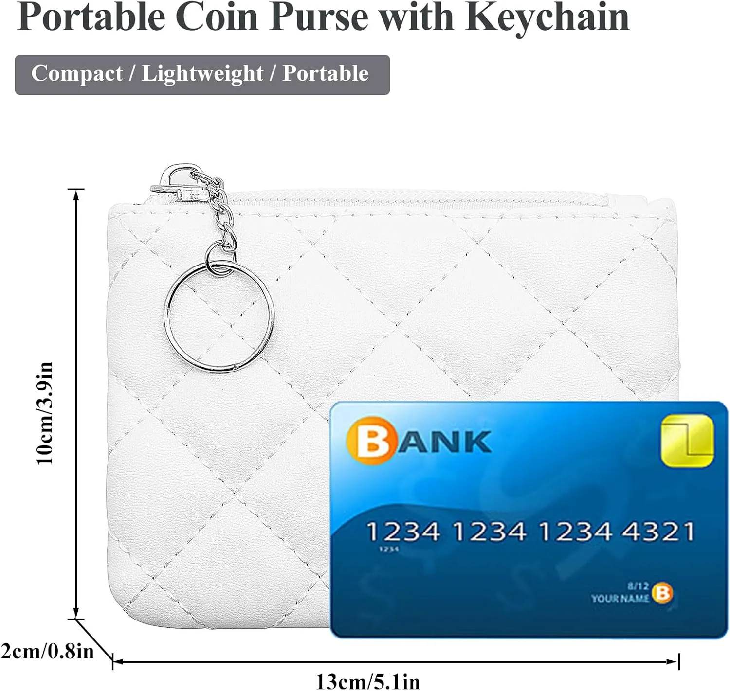 LJCZKA Coin Purse for Women Quilted Leather Mini Pouch Card Holder Top Zipper Coin Wallet Makeup Bag with Keychain (White)