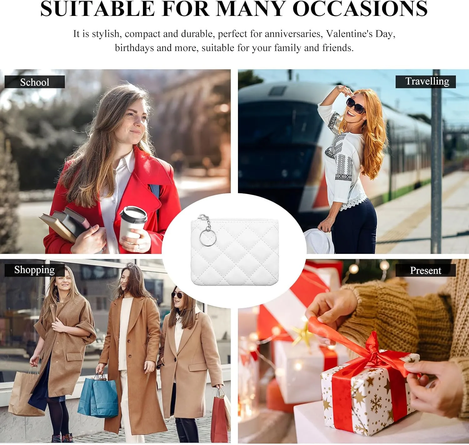 LJCZKA Coin Purse for Women Quilted Leather Mini Pouch Card Holder Top Zipper Coin Wallet Makeup Bag with Keychain (White)