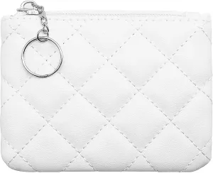 LJCZKA Coin Purse for Women Quilted Leather Mini Pouch Card Holder Top Zipper Coin Wallet Makeup Bag with Keychain (White)