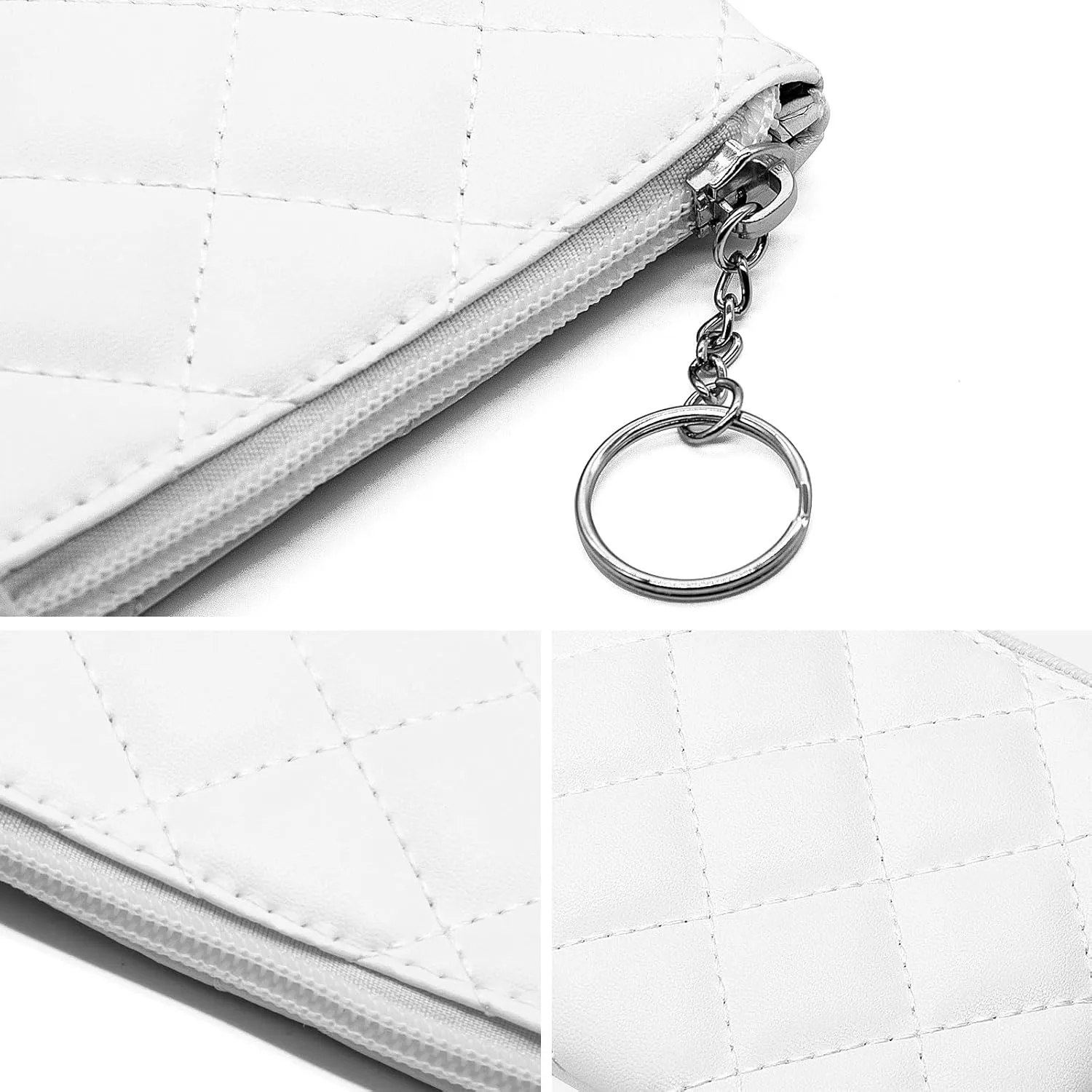 LJCZKA Coin Purse for Women Quilted Leather Mini Pouch Card Holder Top Zipper Coin Wallet Makeup Bag with Keychain (White)