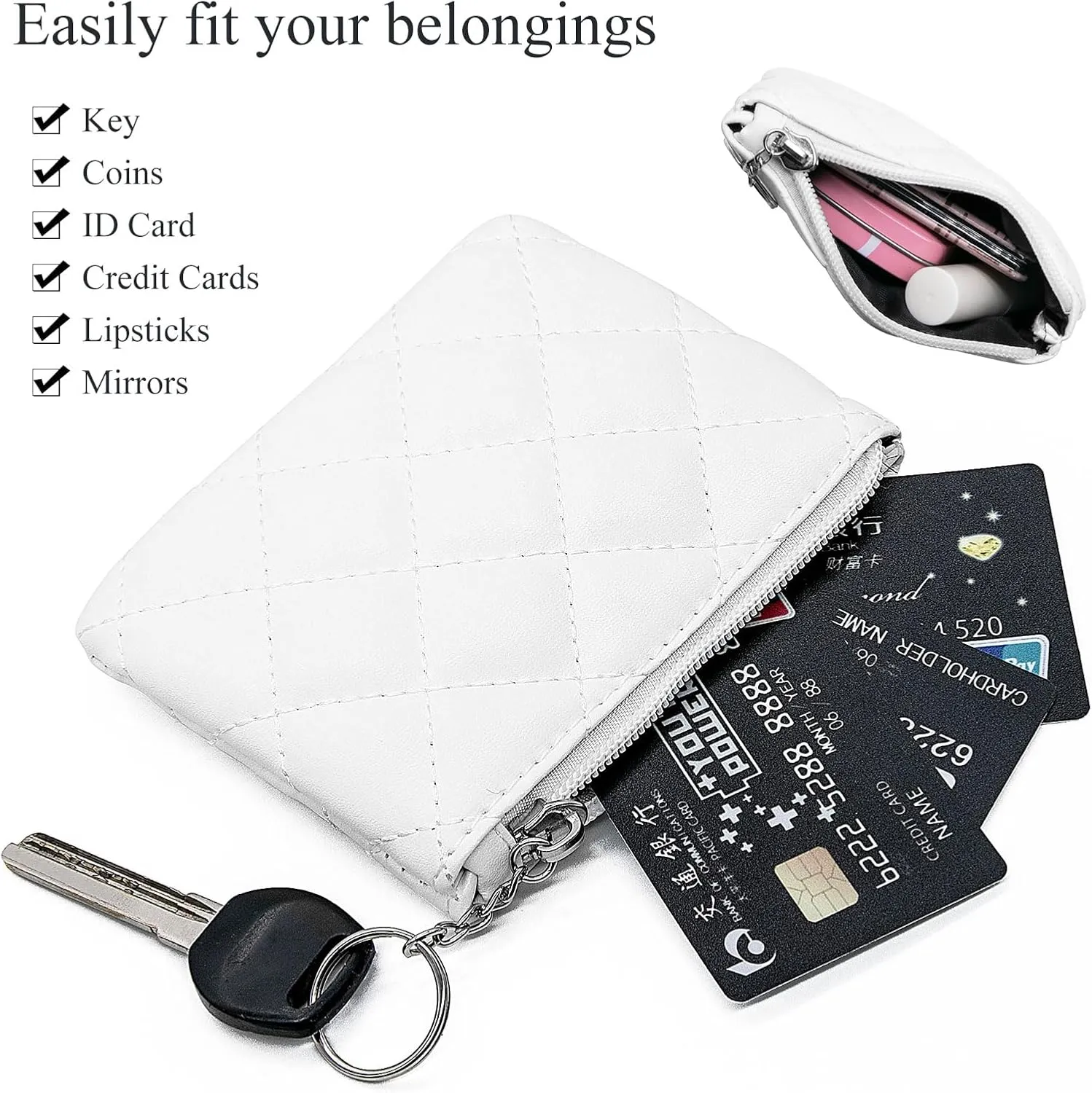 LJCZKA Coin Purse for Women Quilted Leather Mini Pouch Card Holder Top Zipper Coin Wallet Makeup Bag with Keychain (White)